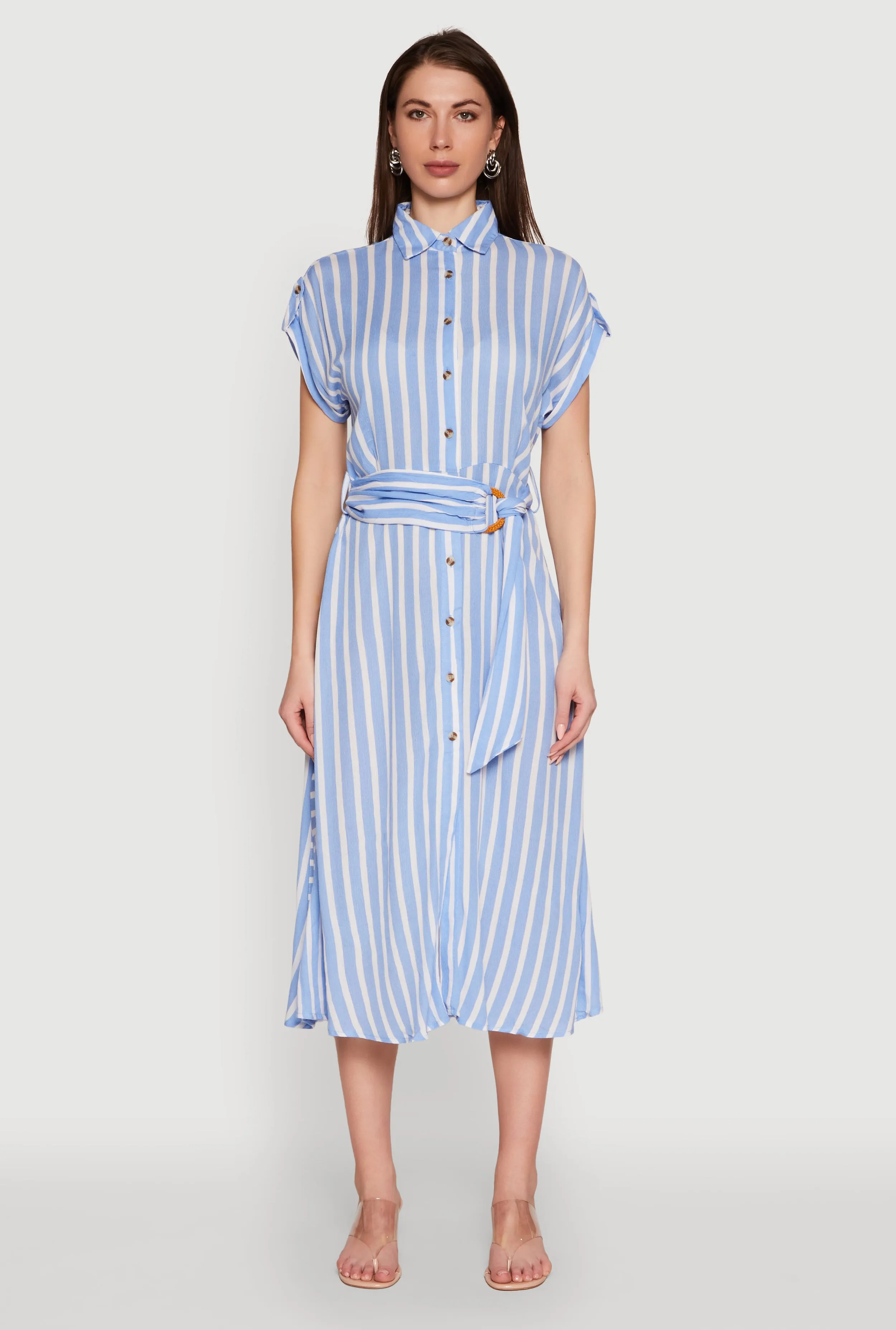 Chic Striped Shirt Dress with O Ring Tie Waist Belt Elegant Cut