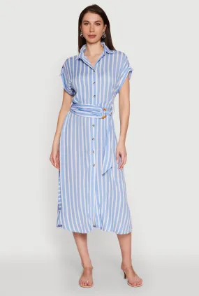 Body Ease Relax Fit Chic Striped Shirt Dress with O Ring Tie Waist Belt