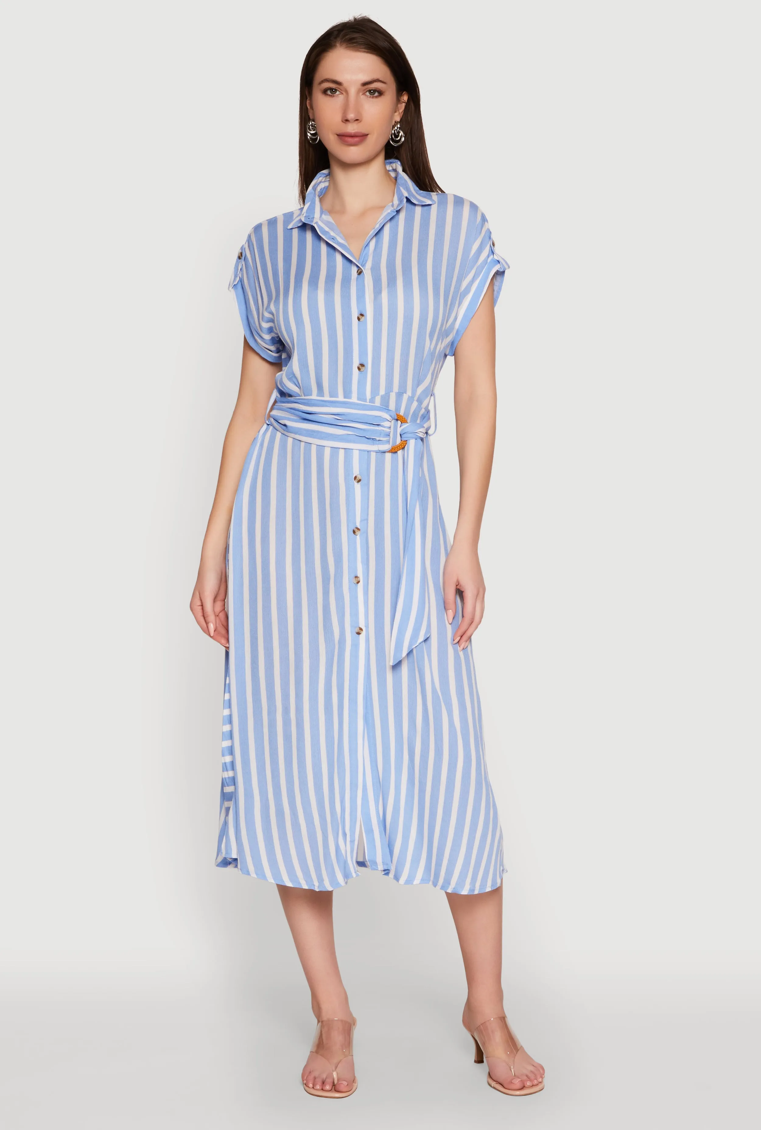 Body Ease Relax Fit Chic Striped Shirt Dress with O Ring Tie Waist Belt