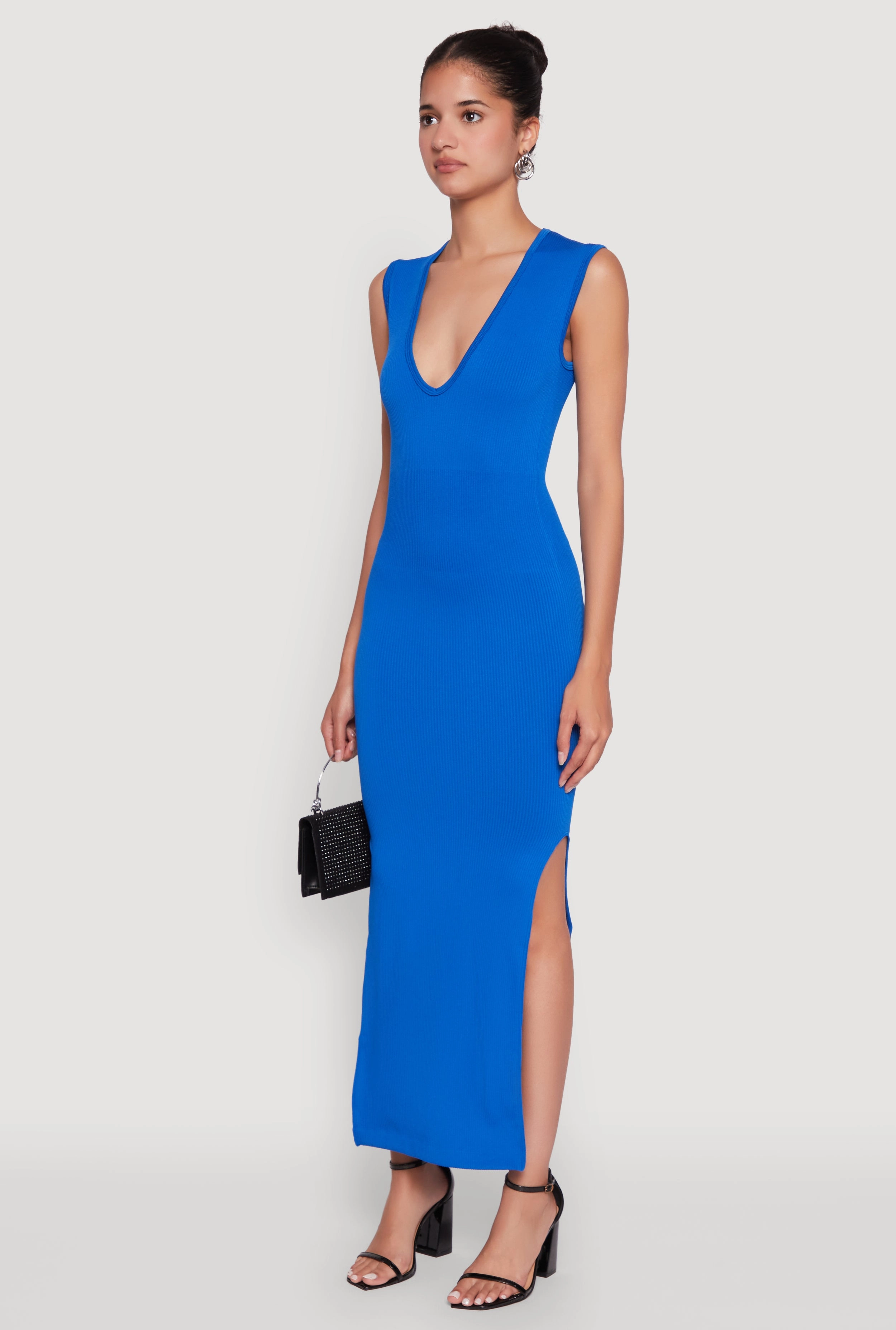 Trendy Rib Knit Plunge Neck Side Slit Maxi Dress Smart Fabric