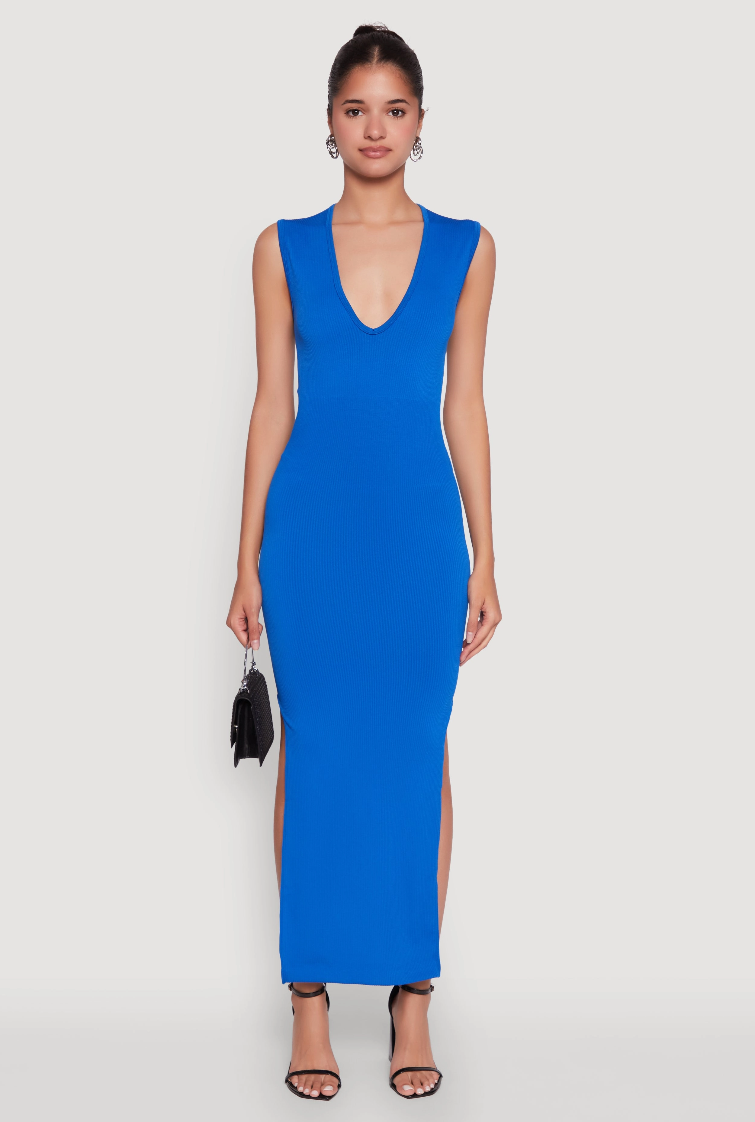 Trendy Rib Knit Plunge Neck Side Slit Maxi Dress Cute Touch Feel Good