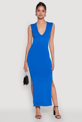 Shade Soft Trendy Rib Knit Plunge Neck Side Slit Maxi Dress