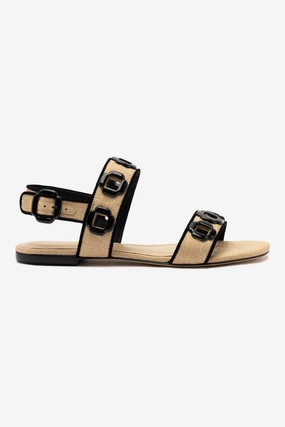 Milan Flat Sandal In Beige Raffia and Black Trimming Compact Design Cork Footbed