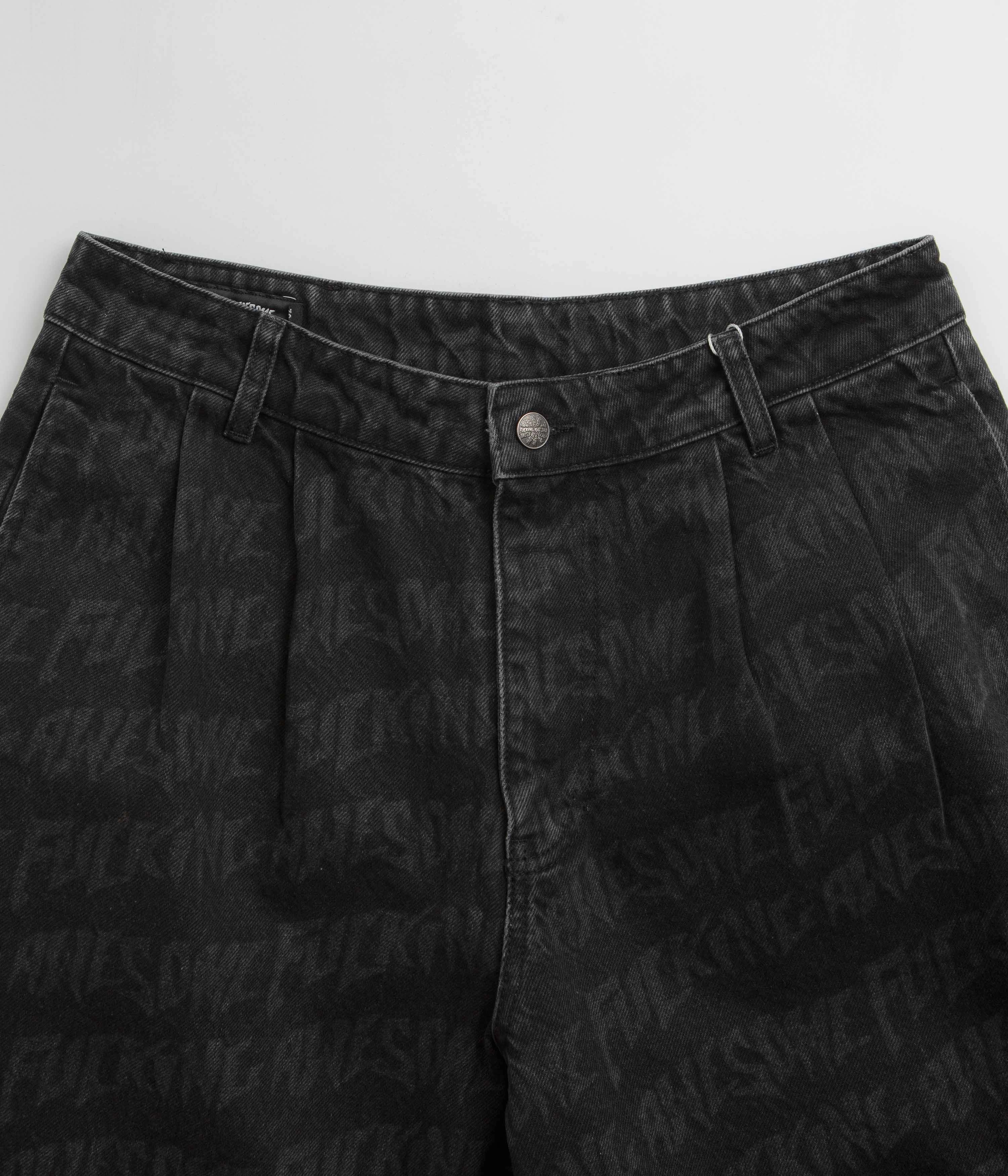 Bright Hues Fucking Awesome Baggy Pleated Denim Laser Shorts - Black