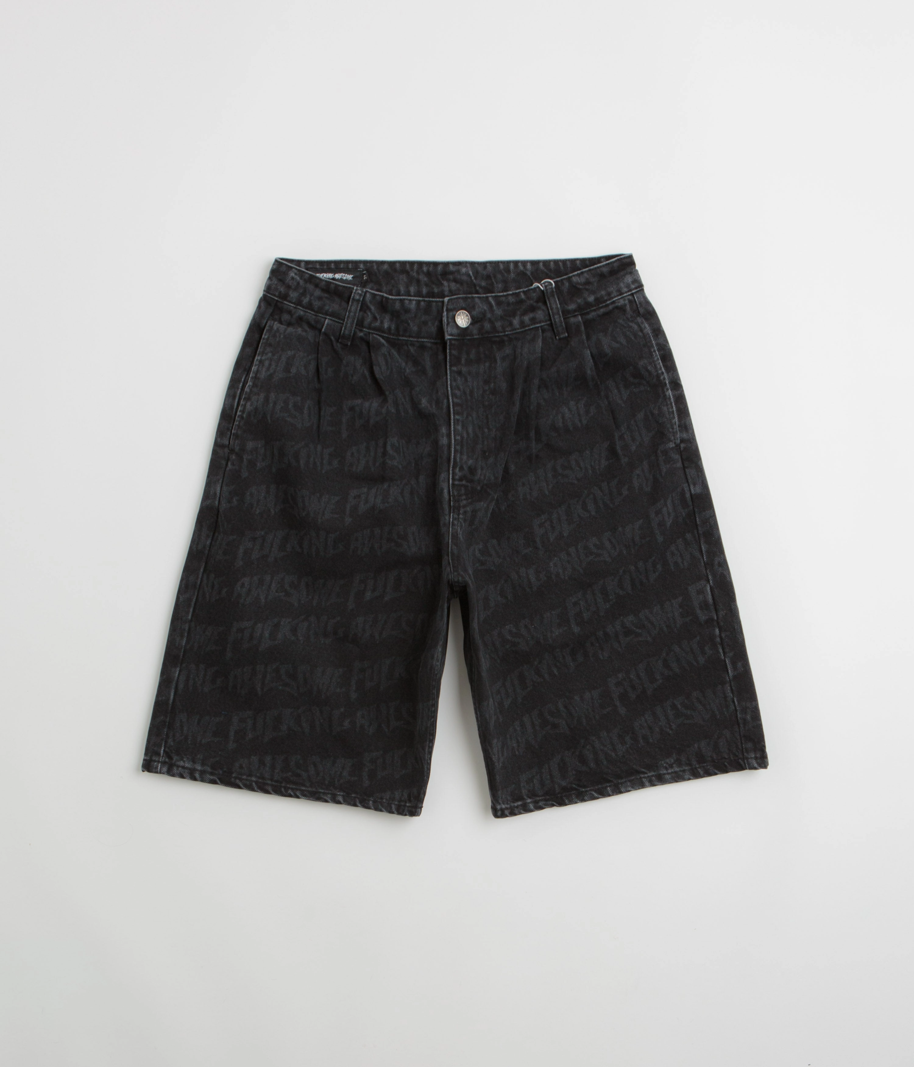 Non Cling Material Fucking Awesome Baggy Pleated Denim Laser Shorts - Black