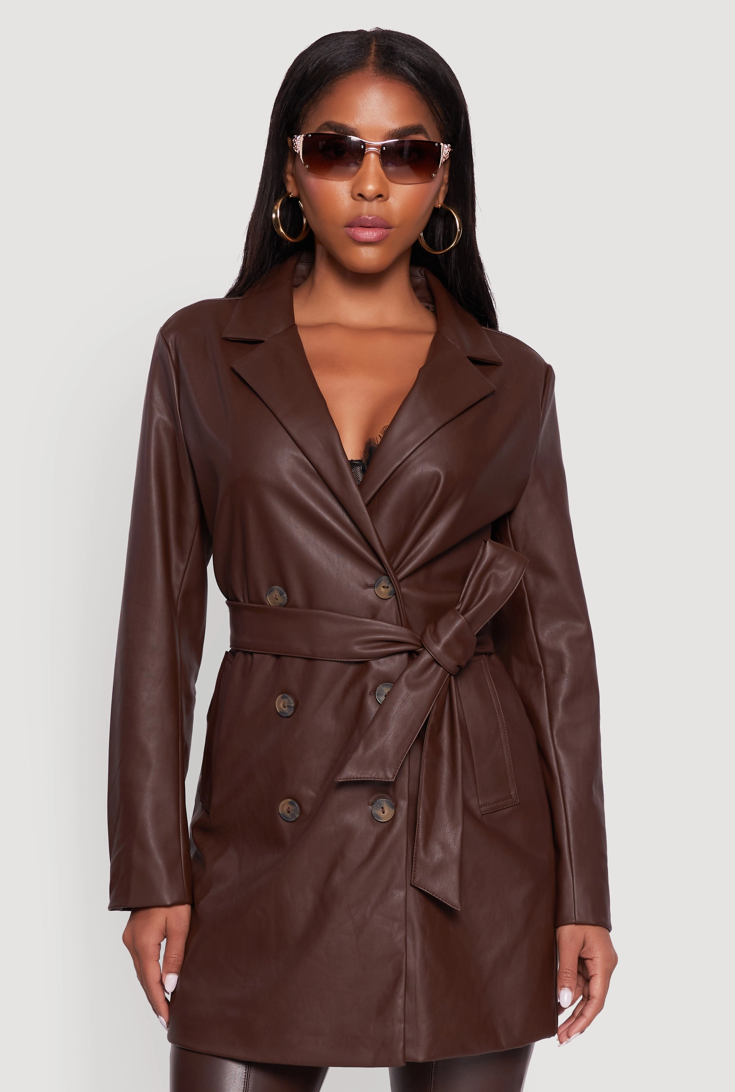 Faux Leather Double Breasted Trench Coat with Tie Waist Belt RibbedKnitCollar Crisp Clean Fit