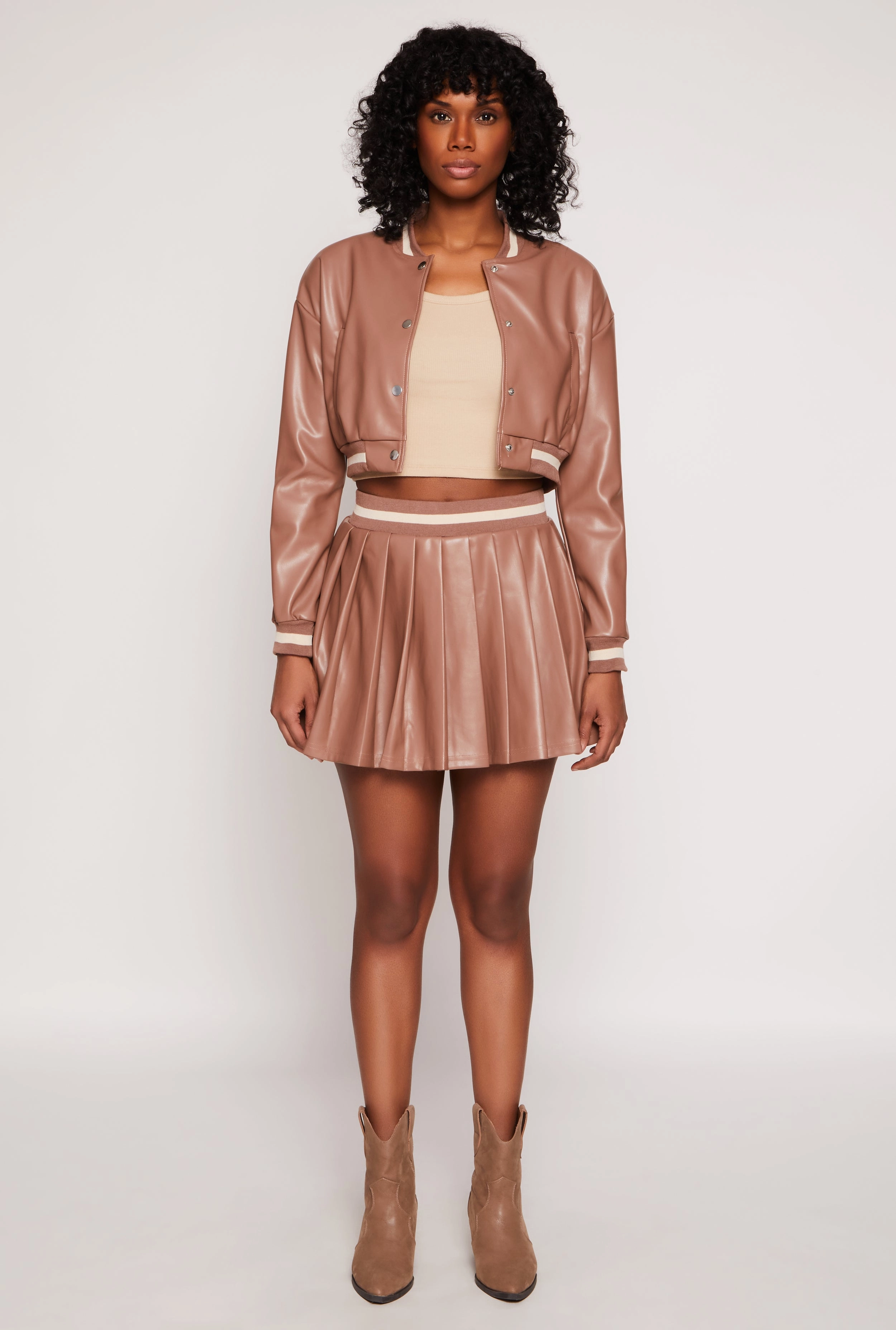 Faux Leather Varsity Stripe Pleated Skort Red Carpet Look