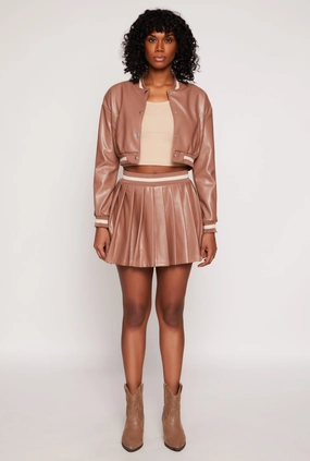 Faux Leather Varsity Stripe Pleated Skort Red Carpet Look