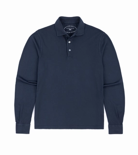 Fedeli Zero Organic Cotton Jersey Long Sleeve Polo Shirt: Midnight Blue Matte Surface Texture