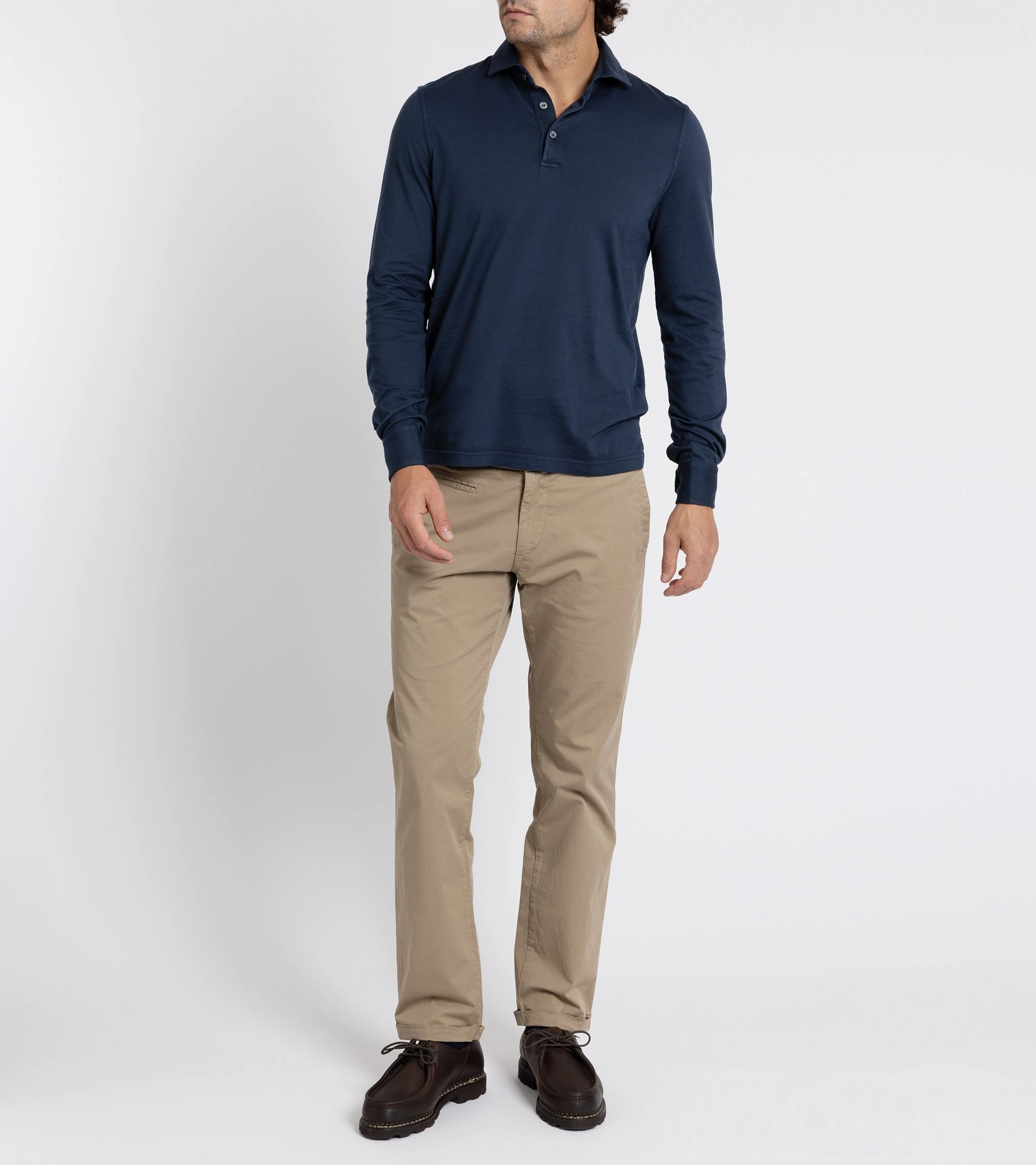 Fedeli Zero Organic Cotton Jersey Long Sleeve Polo Shirt: Midnight Blue Lightweight Layer Cozy Look