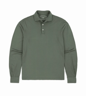 Fedeli Zero Organic Cotton Jersey Long Sleeve Polo Shirt: Olive Green Contrast Trim Detail Tagless Design