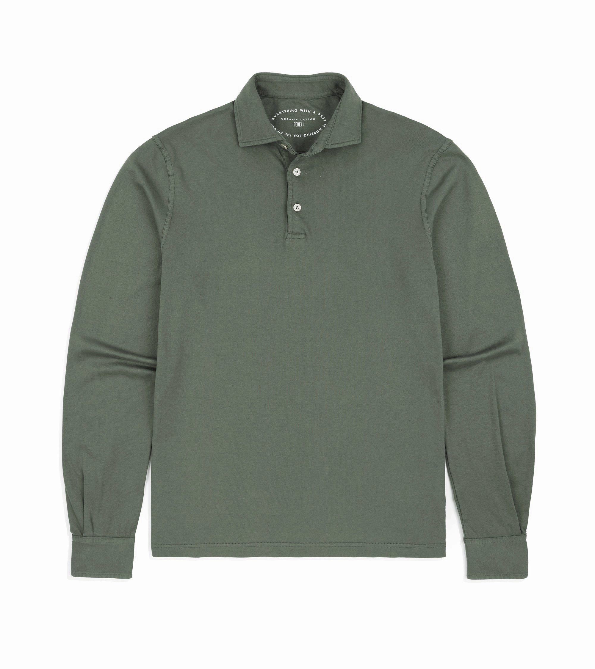 Fedeli Zero Organic Cotton Jersey Long Sleeve Polo Shirt: Olive Green Contrast Trim Detail Tagless Design