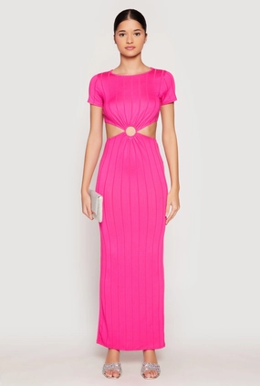 Timeless Style Wear Airy Touch Ribbed Knit O Ring Cut Out Maxi Dress