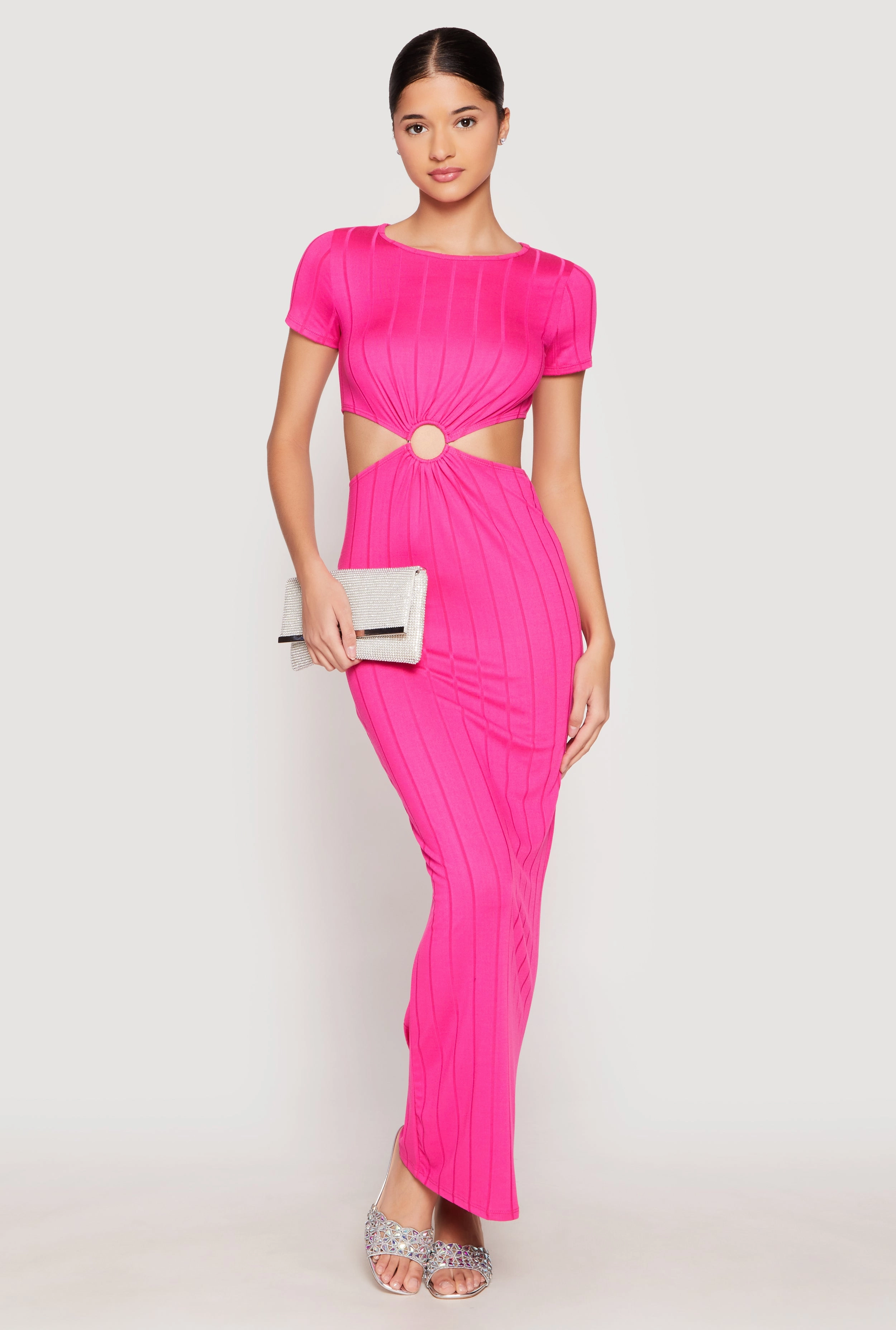 Applique-Detail Ribbed Knit O Ring Cut Out Maxi Dress