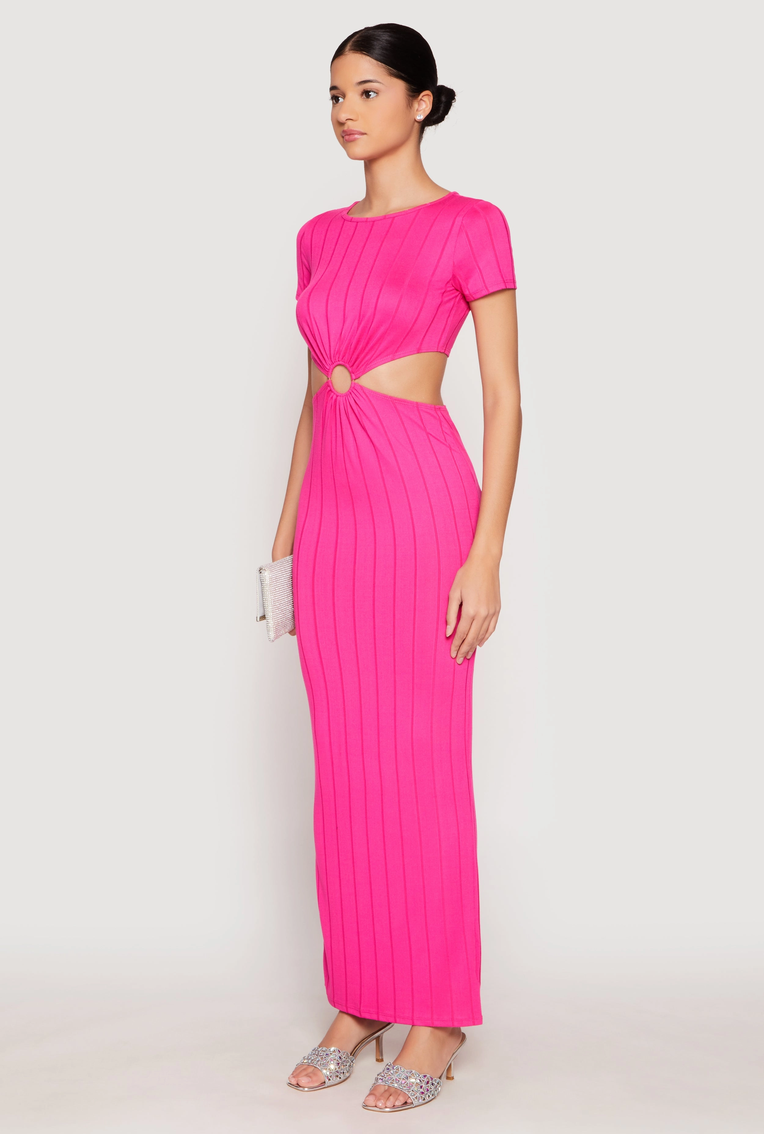 Ribbed Knit O Ring Cut Out Maxi Dress Feminine Layers High-waist
