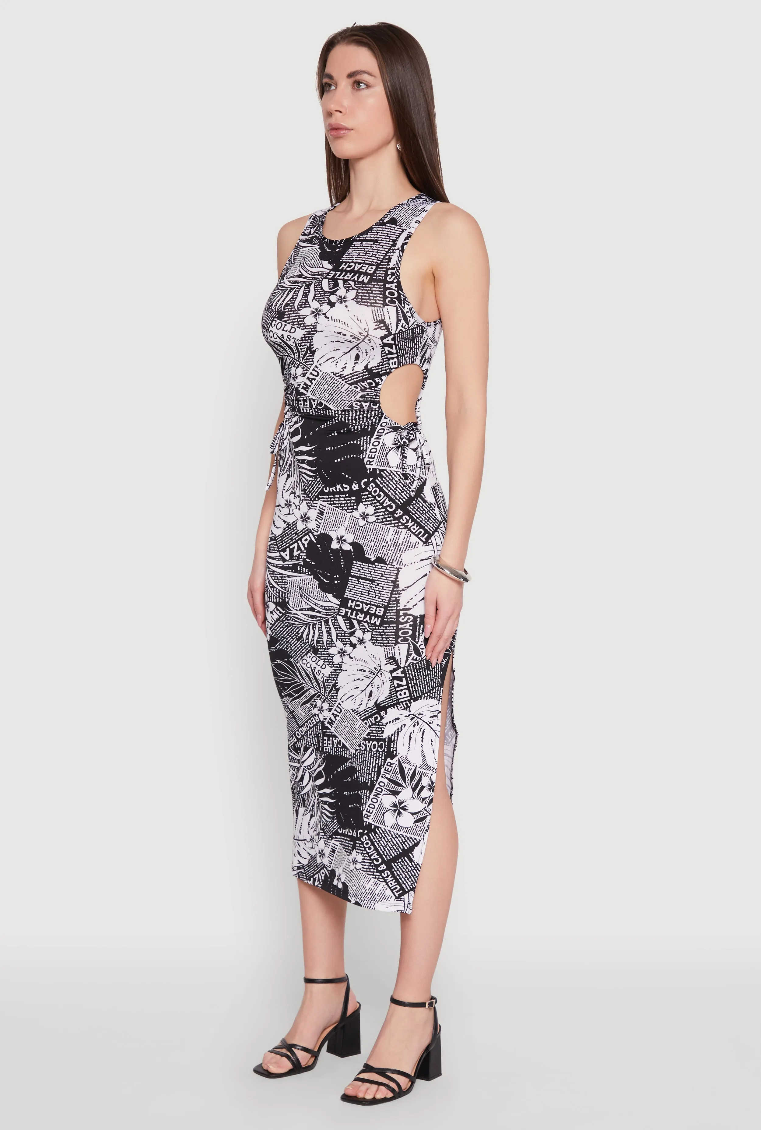 Flowy summer gown Wrap-Style Leaf Newspaper Print Midi Dress