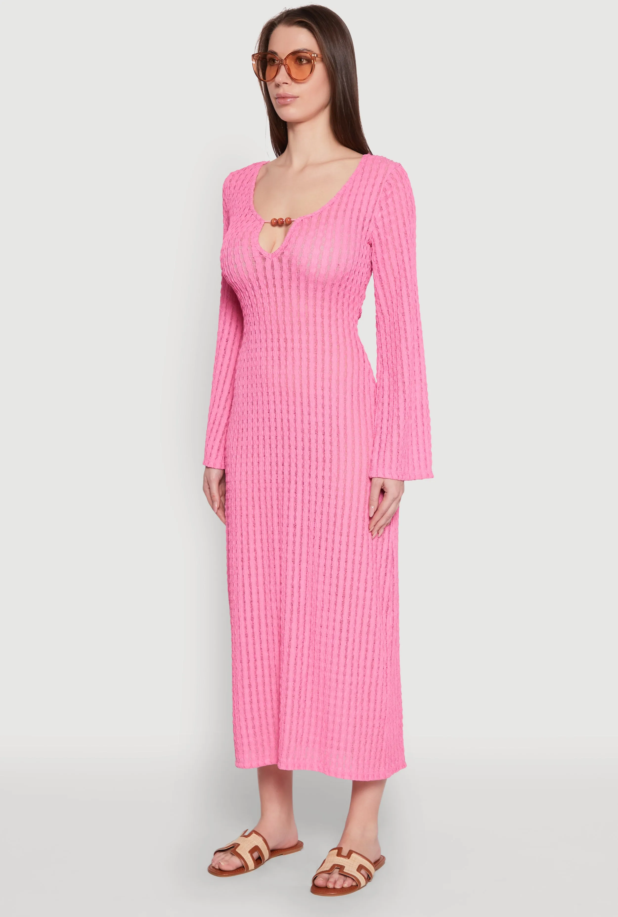 Flattering Lines Textured Knit Beaded Keyhole Shadow Stripe Dress