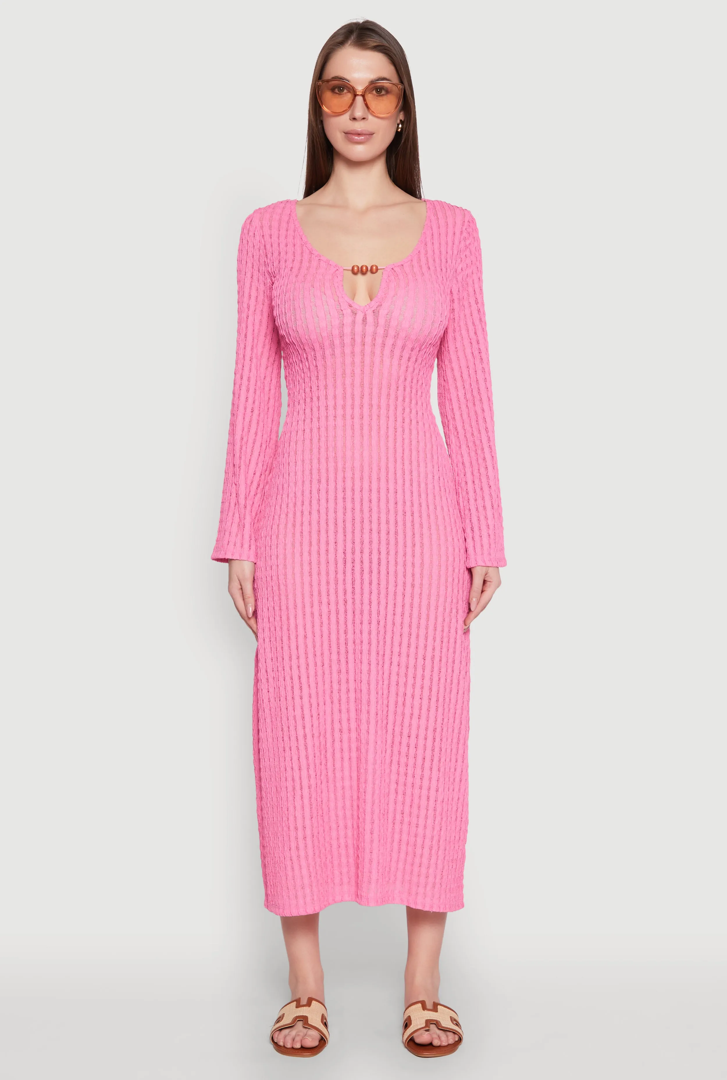 Weekend Fresh Textured Knit Beaded Keyhole Shadow Stripe Dress