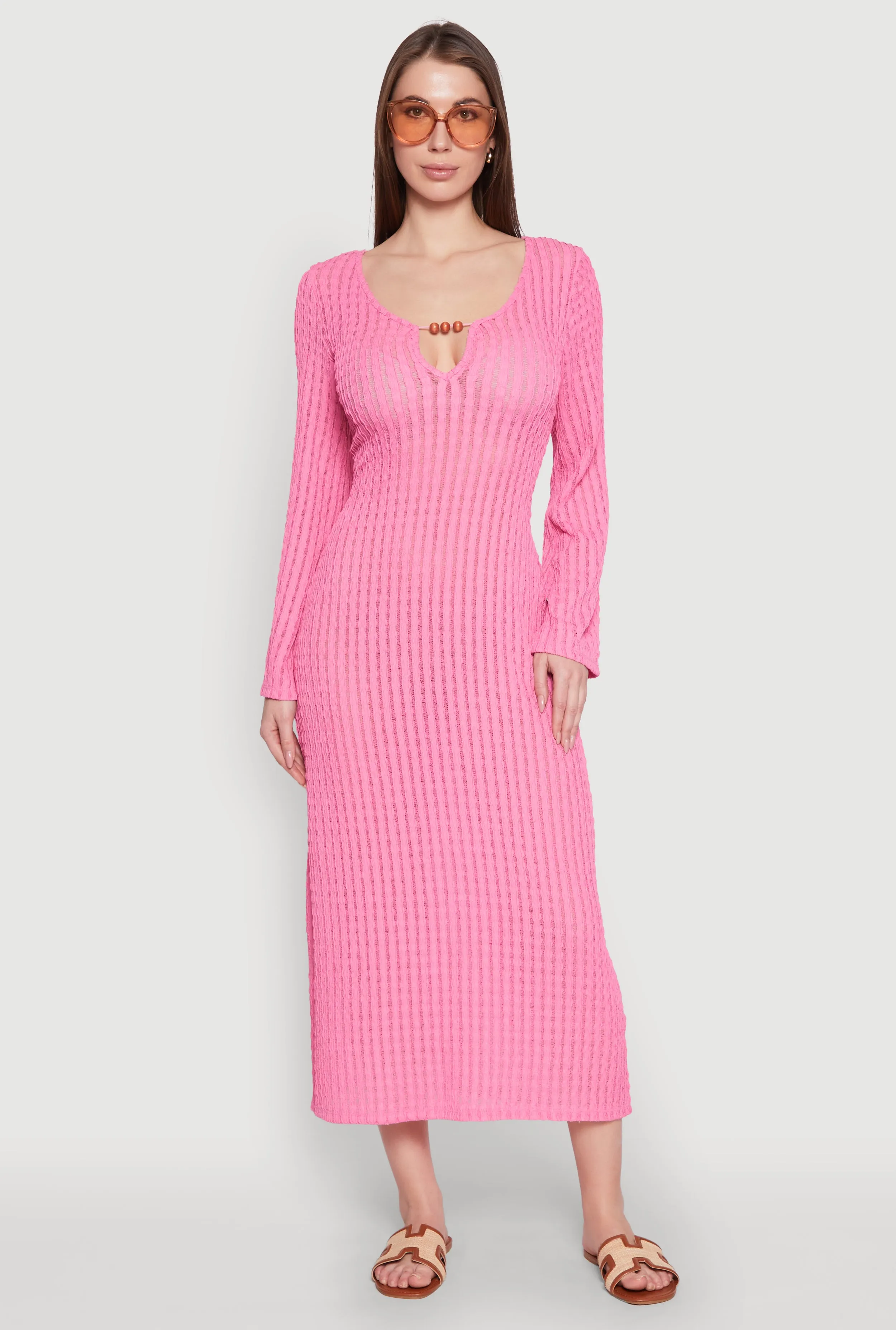 Elegant Fit Shape Retention Textured Knit Beaded Keyhole Shadow Stripe Dress