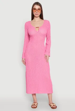 Elegant Fit Shape Retention Textured Knit Beaded Keyhole Shadow Stripe Dress