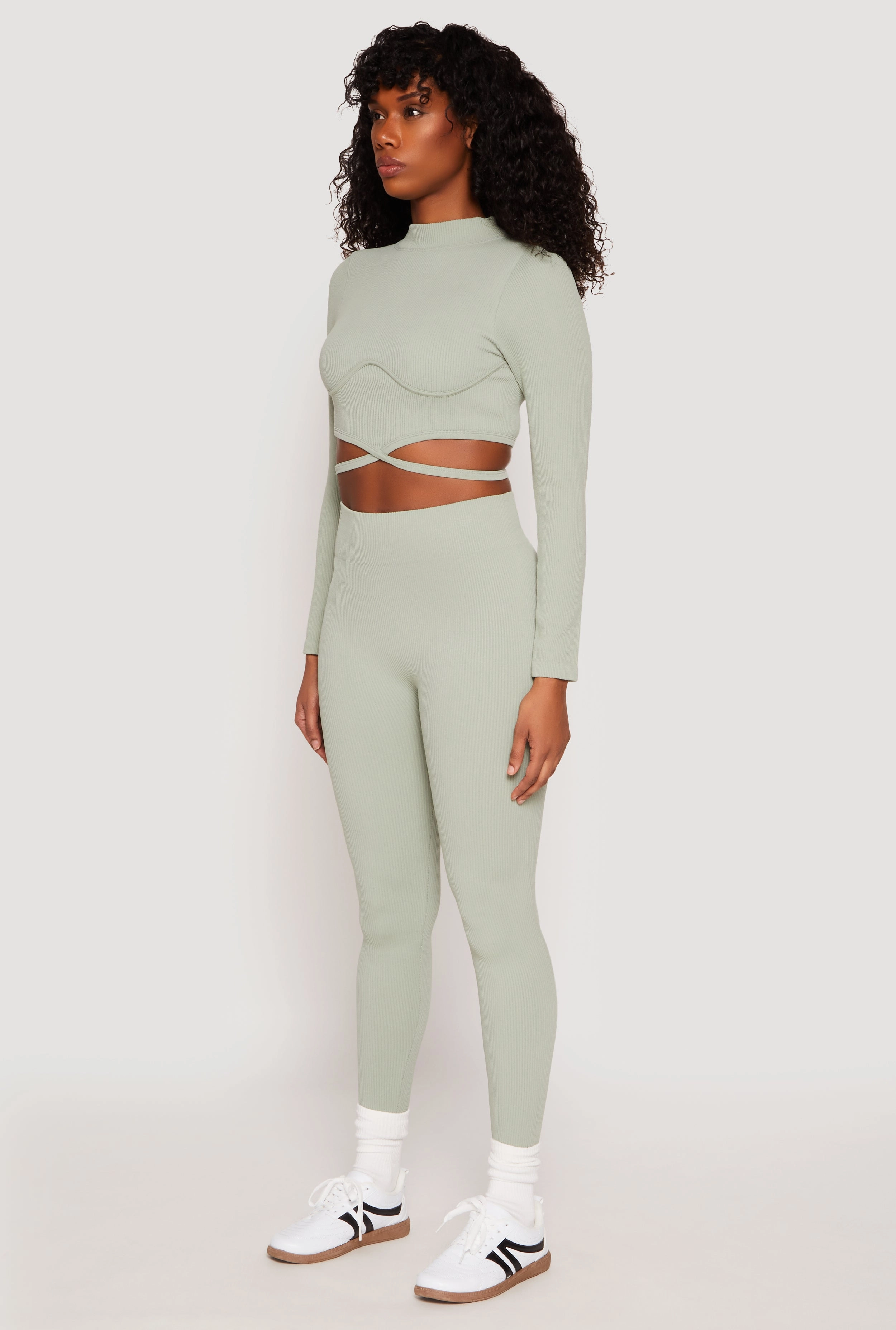 Seamless Long Sleeve Tie Back Crop Top Display Reinforced Buttonholes