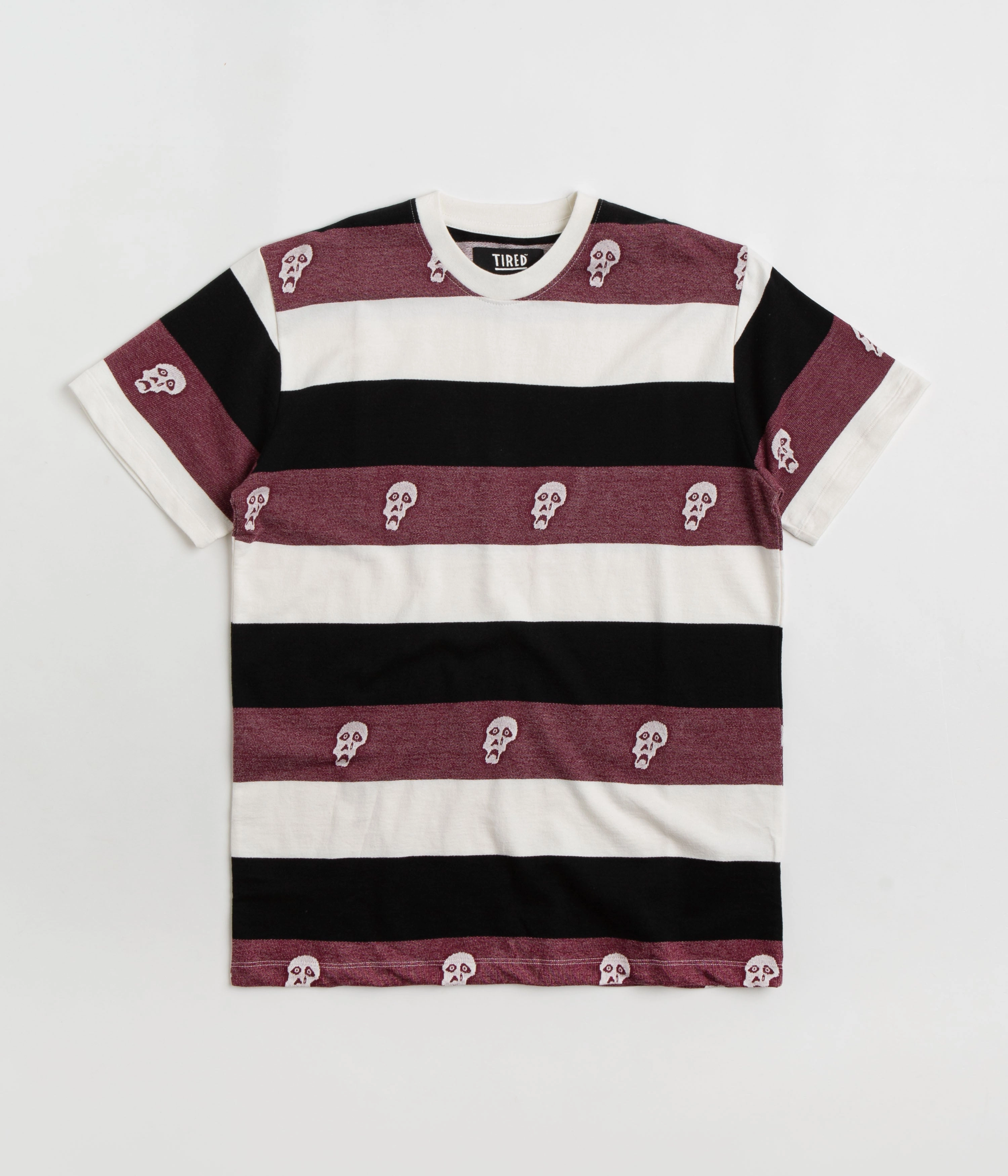 Tired Sad Skull Striped Jacquard T-Shirt - Burgundy Playful Design