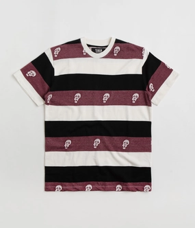 Tired Sad Skull Striped Jacquard T-Shirt - Burgundy Layered Hem Design