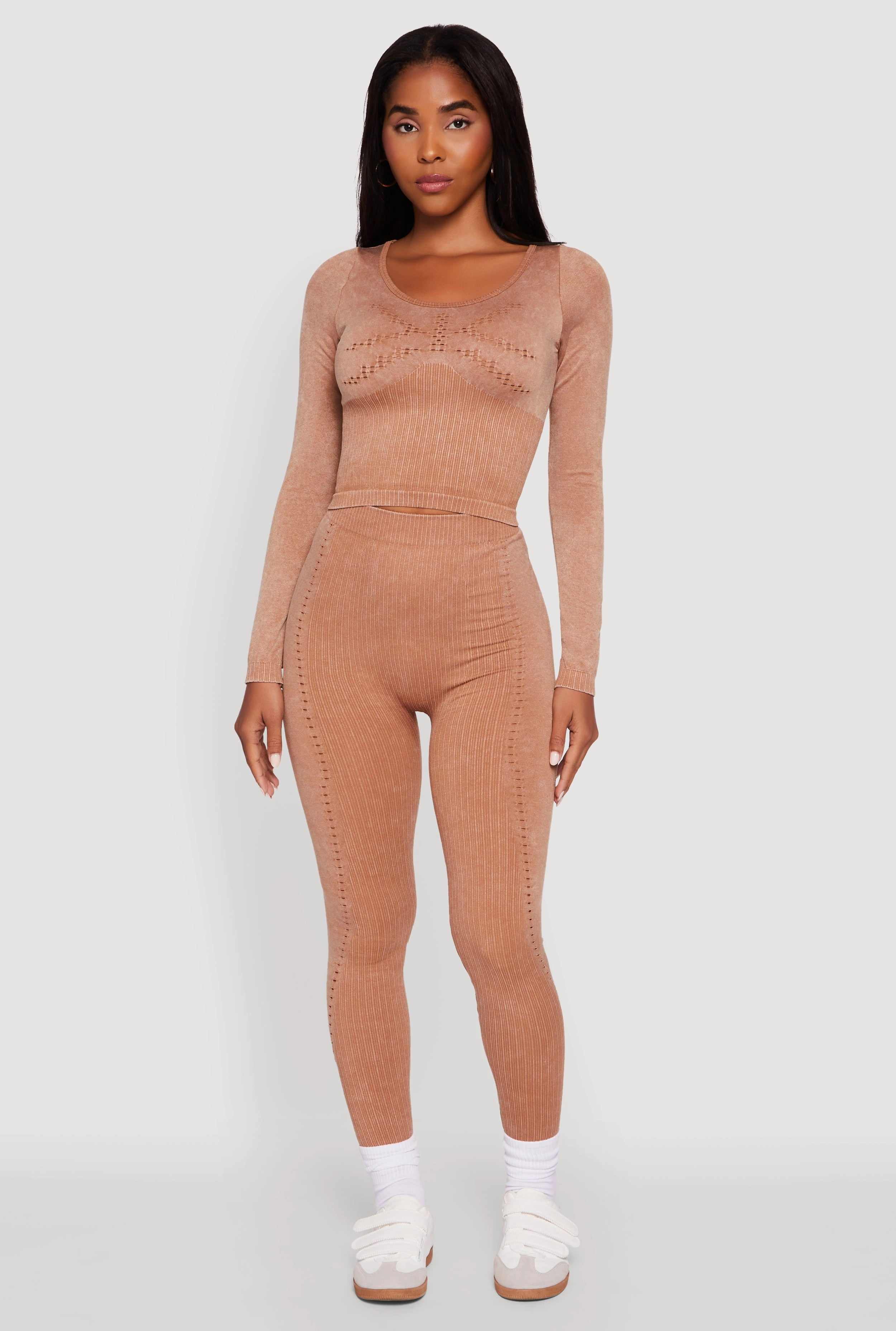 High Waisted Acid Wash Ribbed Knit Seamless Leggings Relaxed Comfort Wear