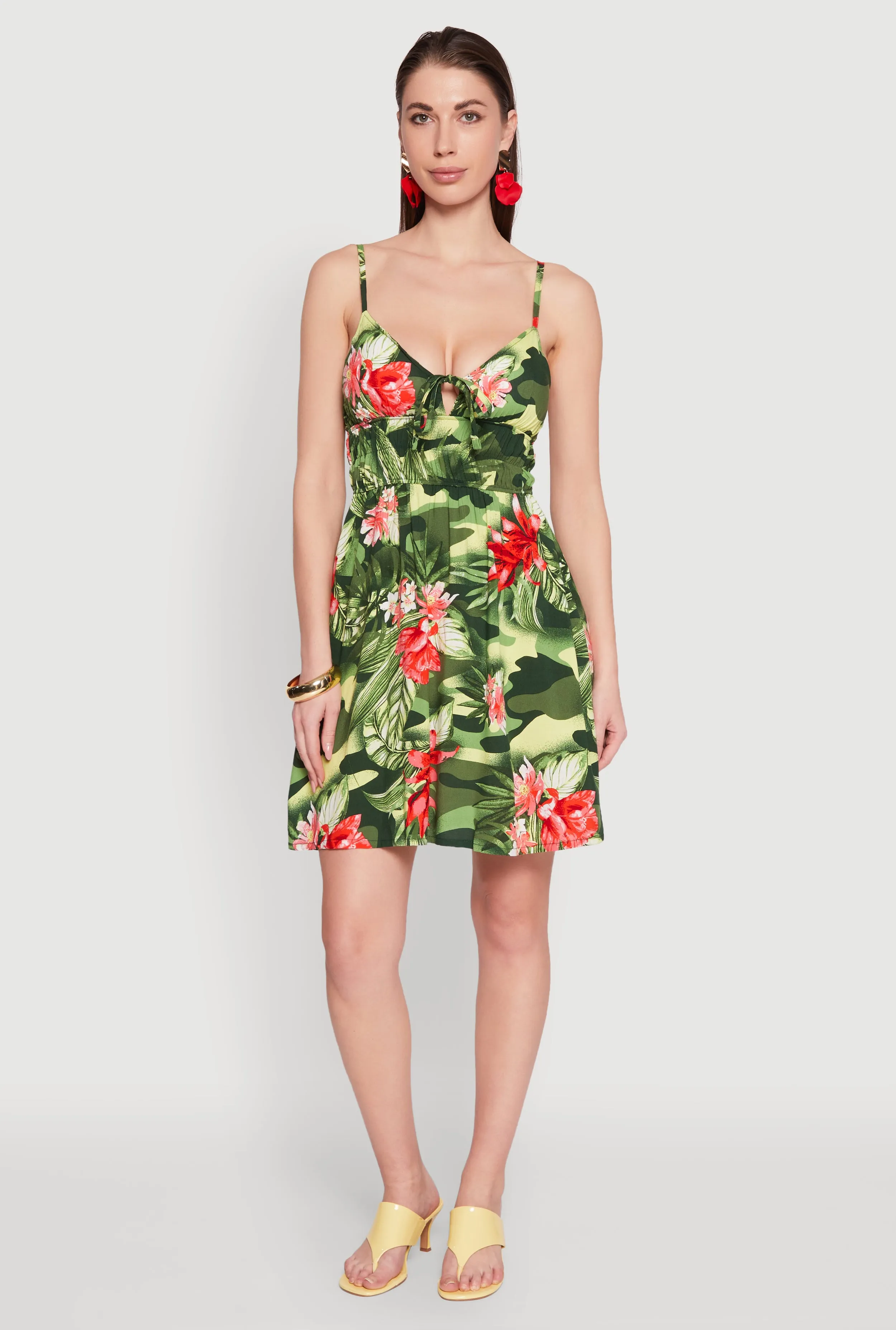 Sleek Outline Pure Color Floral Camo Print Empire Waist Dress