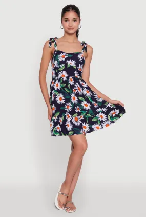 Pleated design Light Fabrication Floral Daisy Print Sleeveless Sundress with Tie Straps