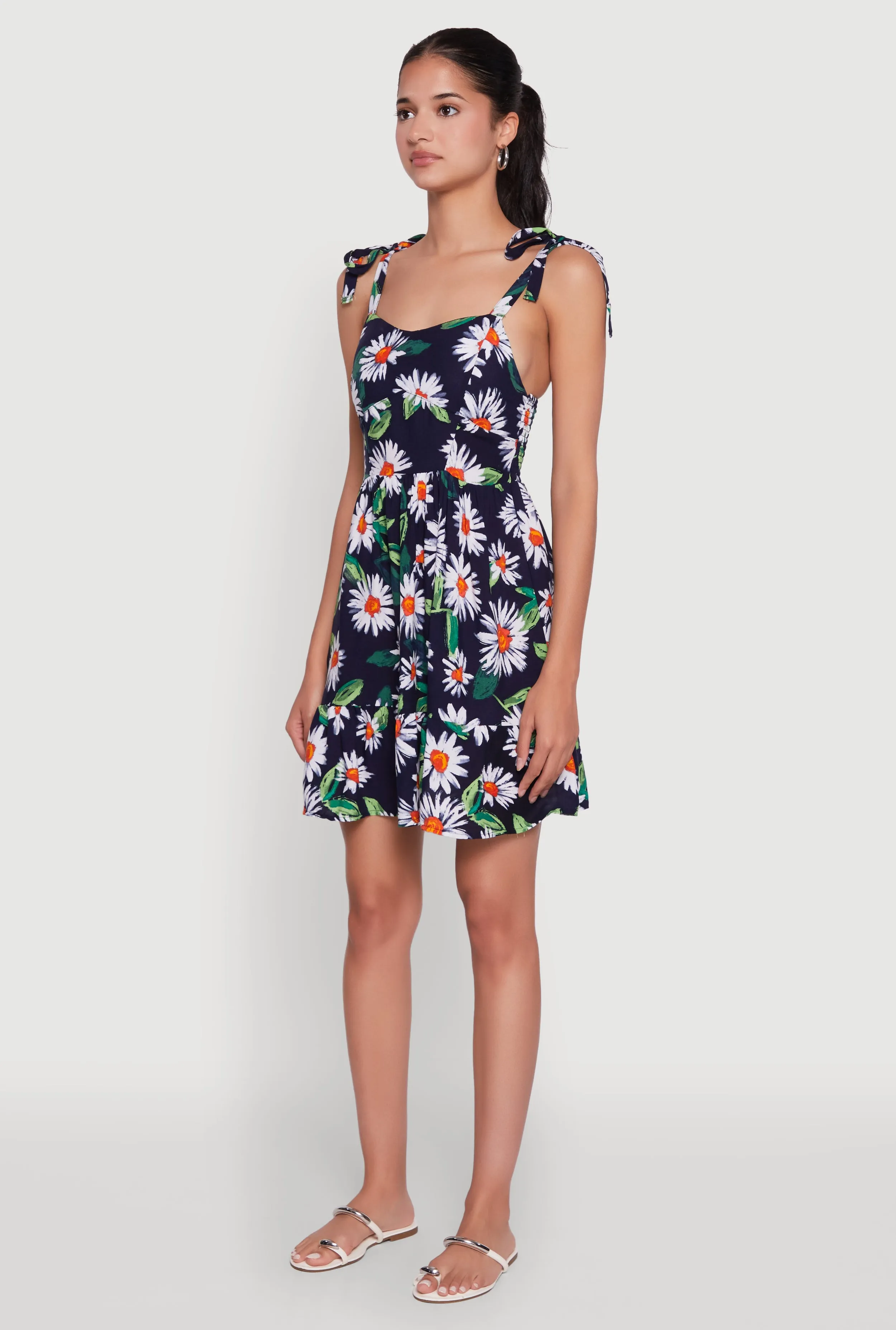 Work Vibes Floral Daisy Print Sleeveless Sundress with Tie Straps