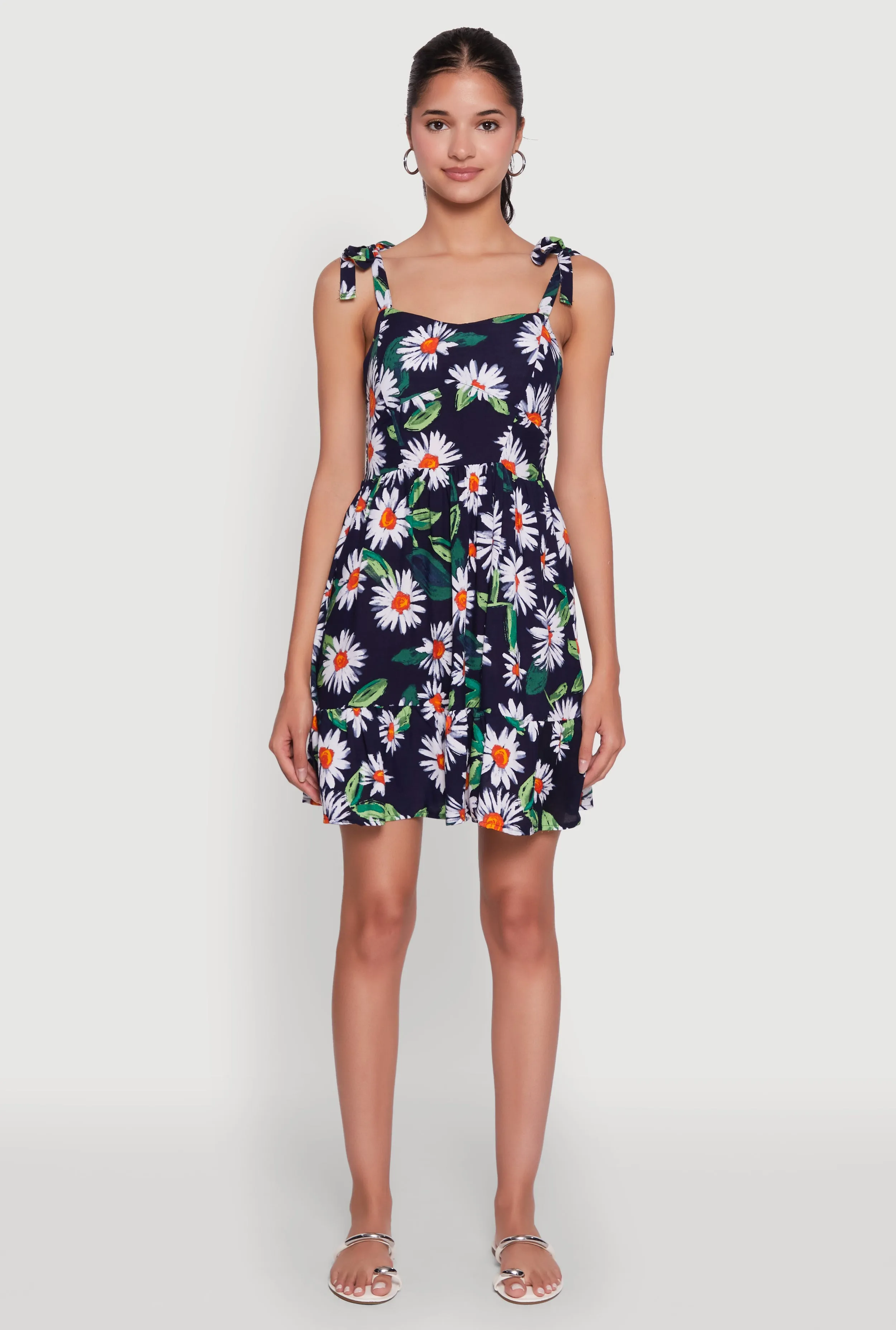 Floral Daisy Print Sleeveless Sundress with Tie Straps Petal Zone