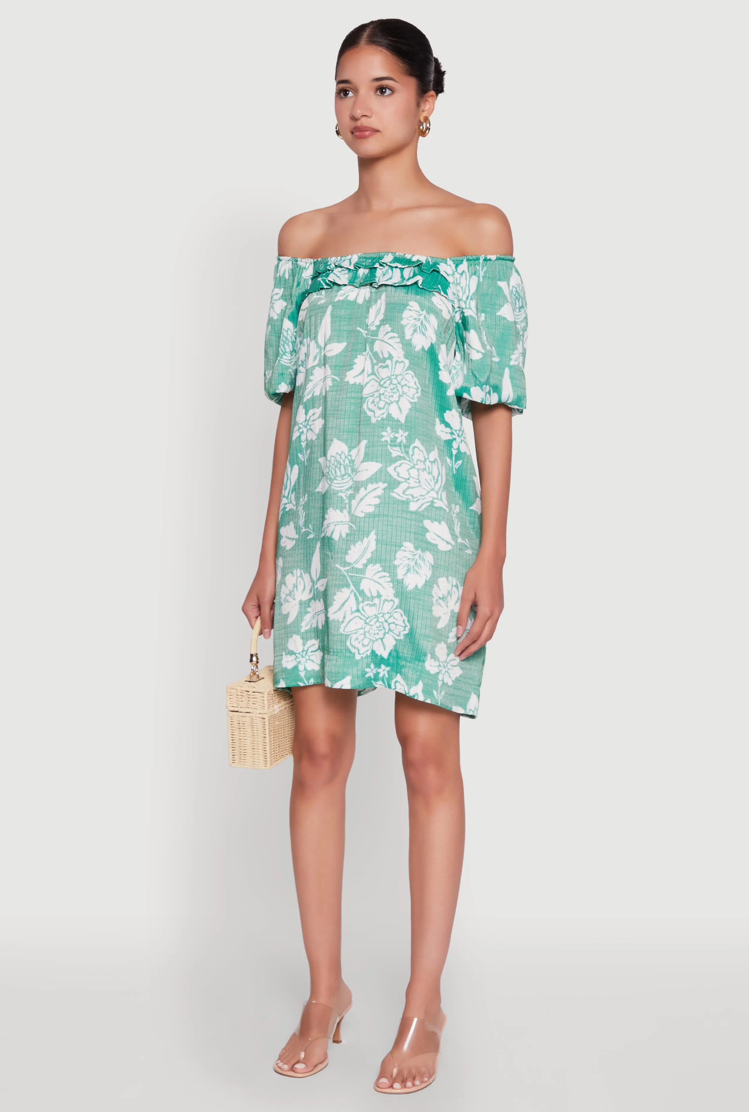 Wrinkle-Free-Finish Layer Light Floral Off Shoulder Bubble Sleeve Shift Dress with Ruffles