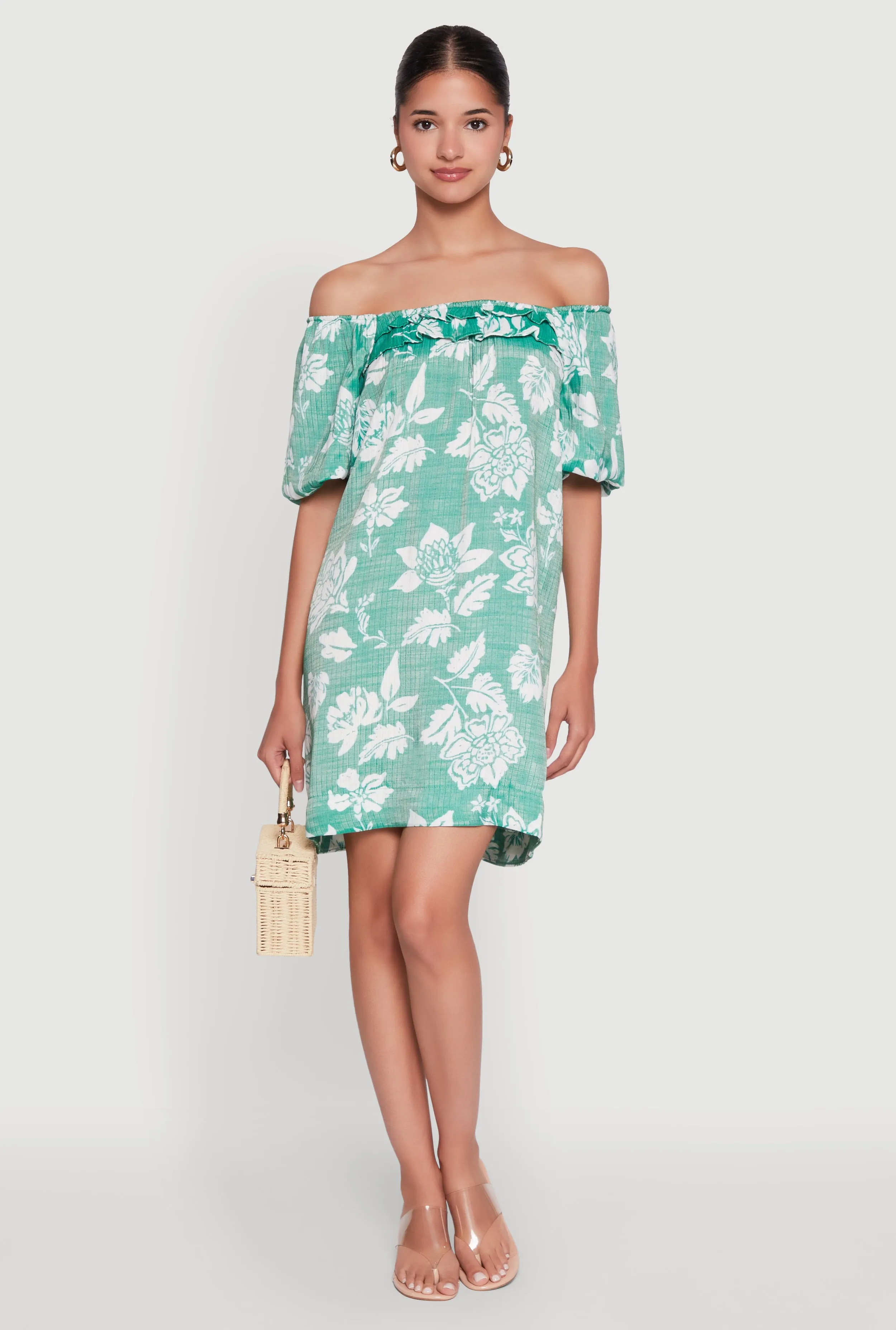 Floral Off Shoulder Bubble Sleeve Shift Dress with Ruffles Satin Layers Crisp Silhouette