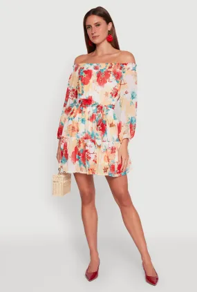 Elegant Silhouette Vibrant patterned dress Floral Off the Shoulder Tie Waist Tiered Mini Dress