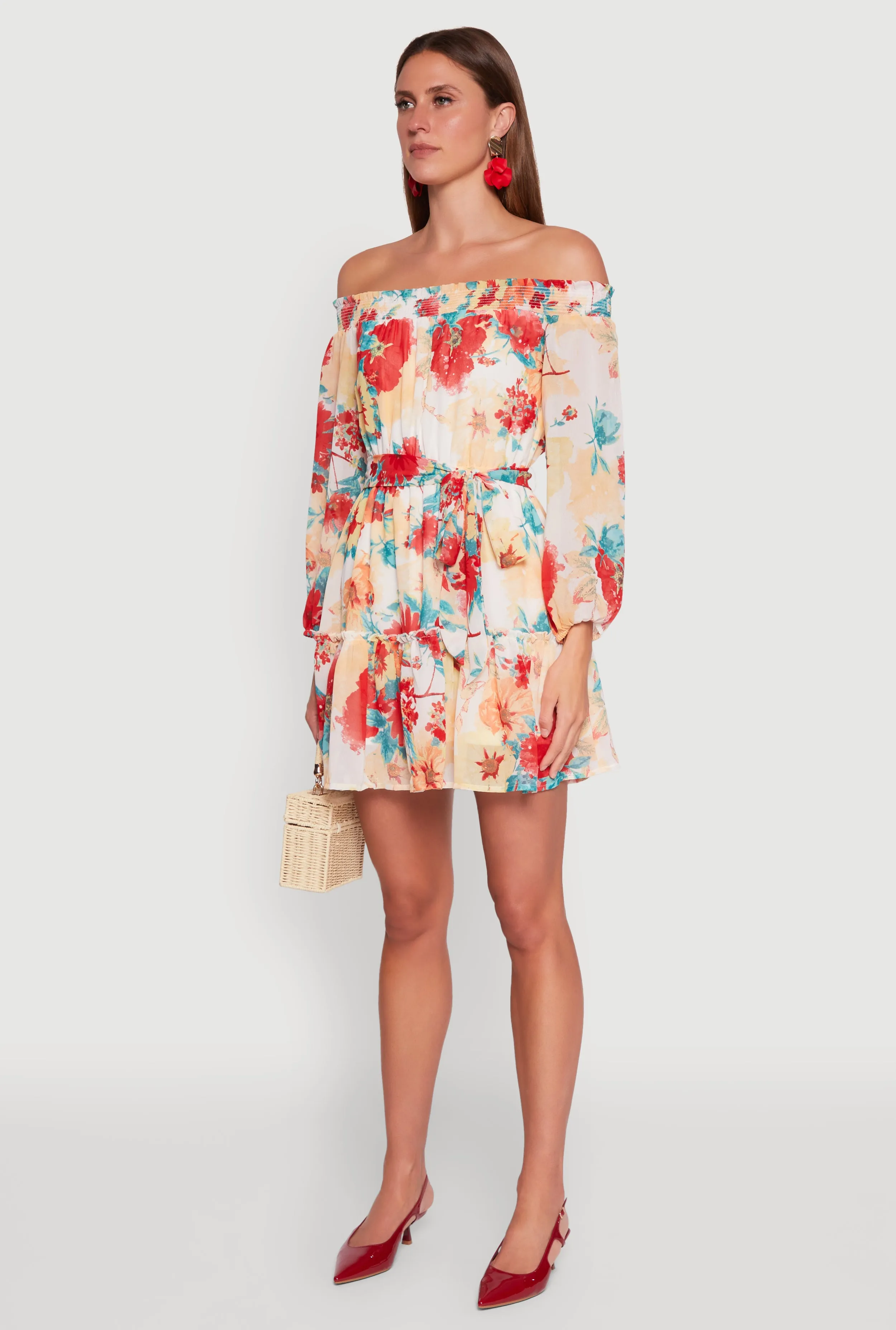 Chic formal attire Floral Off the Shoulder Tie Waist Tiered Mini Dress