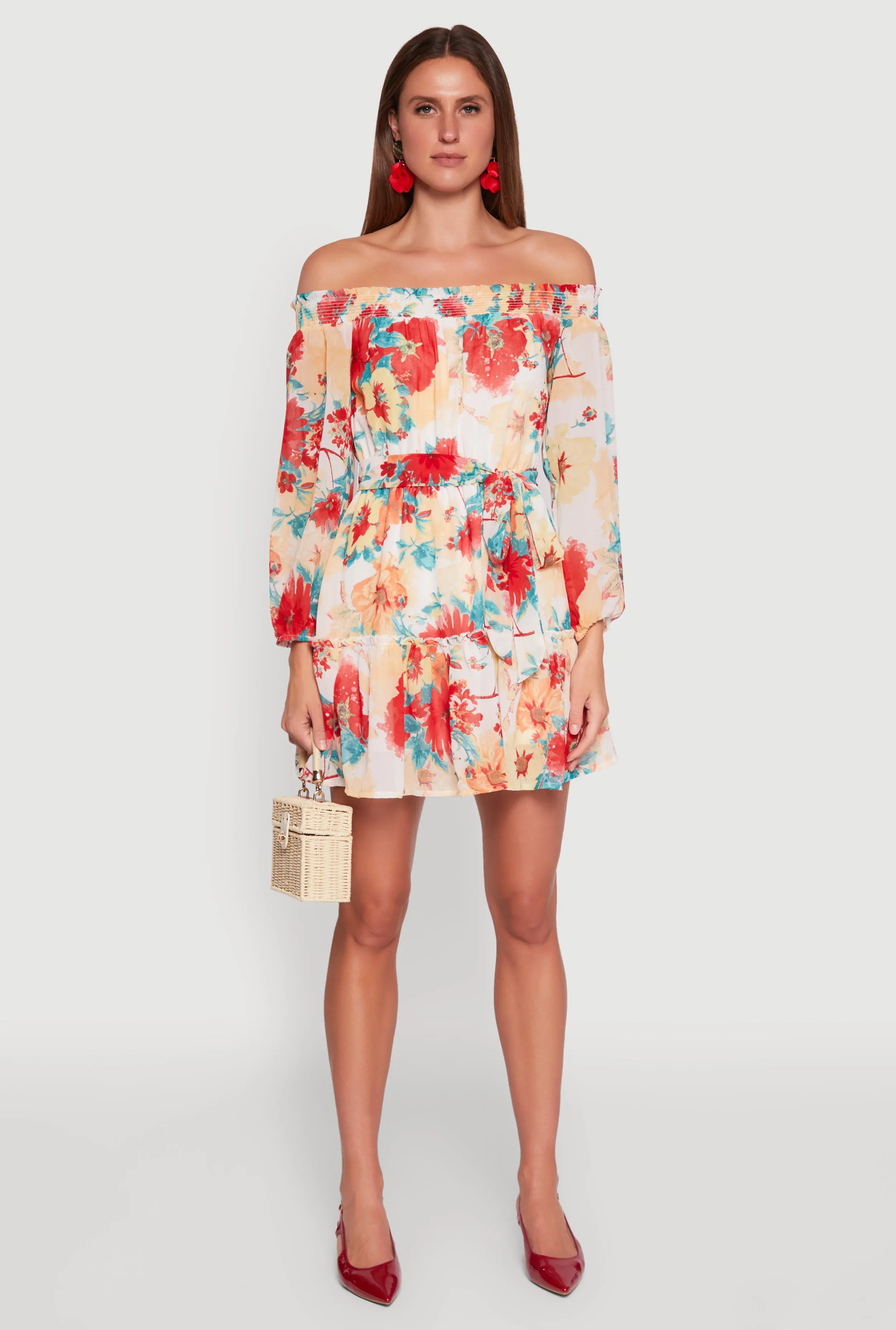 Playful Cut Floral Off the Shoulder Tie Waist Tiered Mini Dress