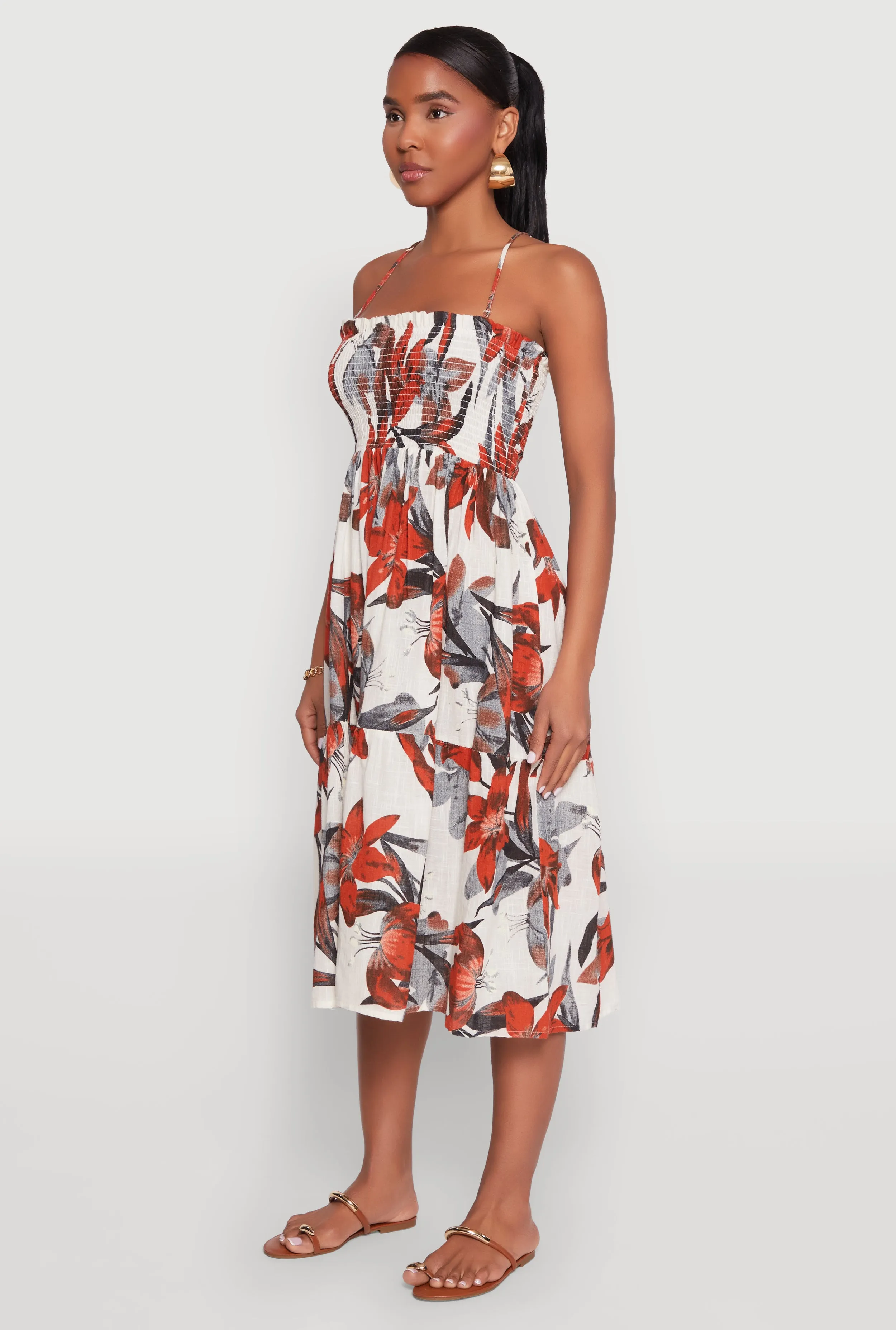 Floral Print Smocked Tiered Midi Dress Clean Style Chill Base