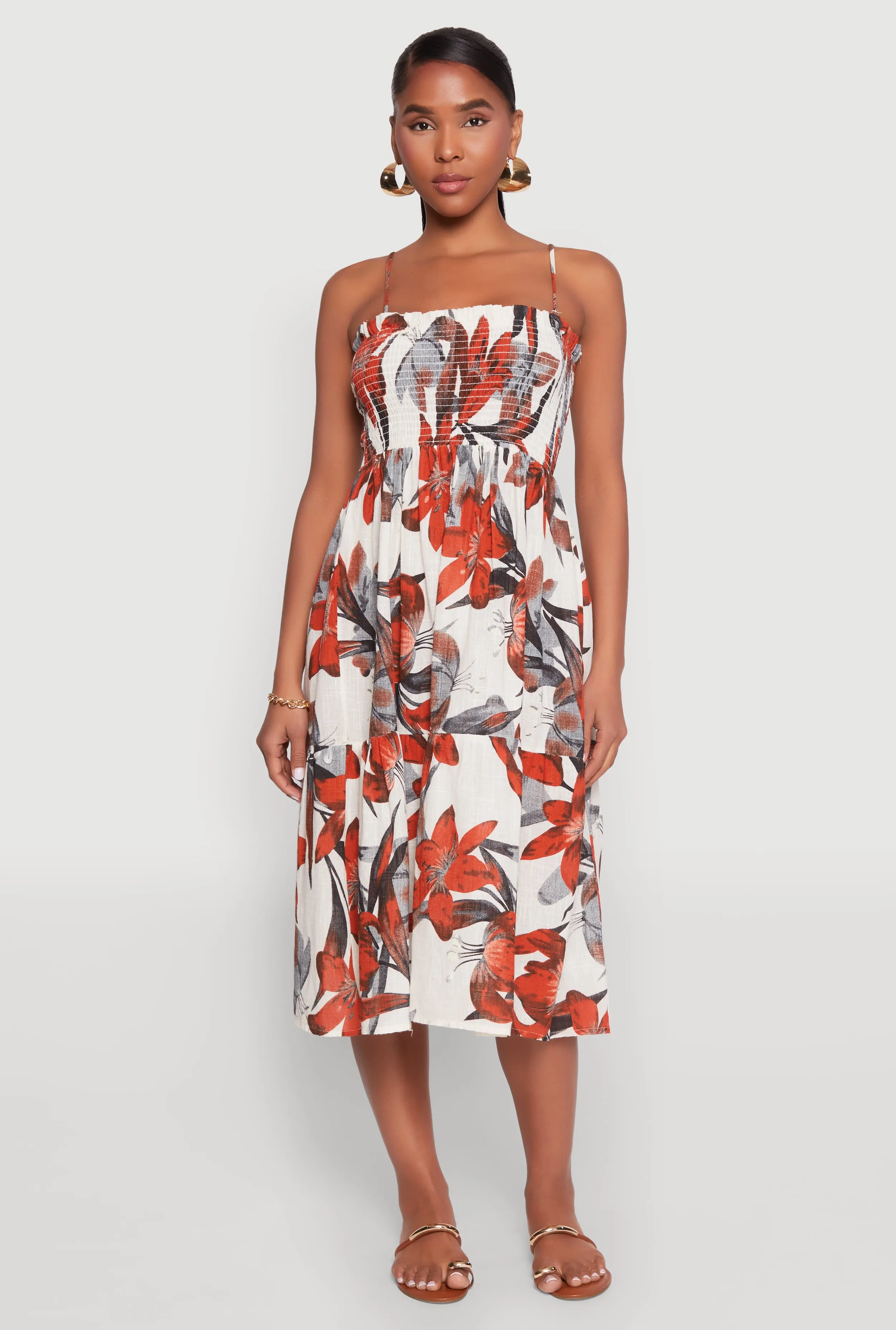 Floral Print Smocked Tiered Midi Dress Sleek Appearance Printed-Lining