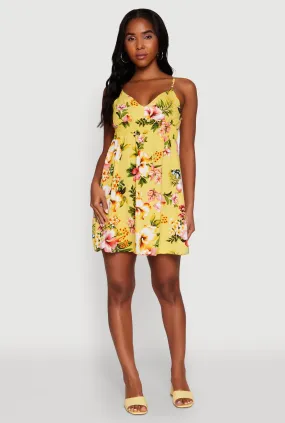 Floral Print V Neck Sundress with Adjustable Straps Striped-Pattern
