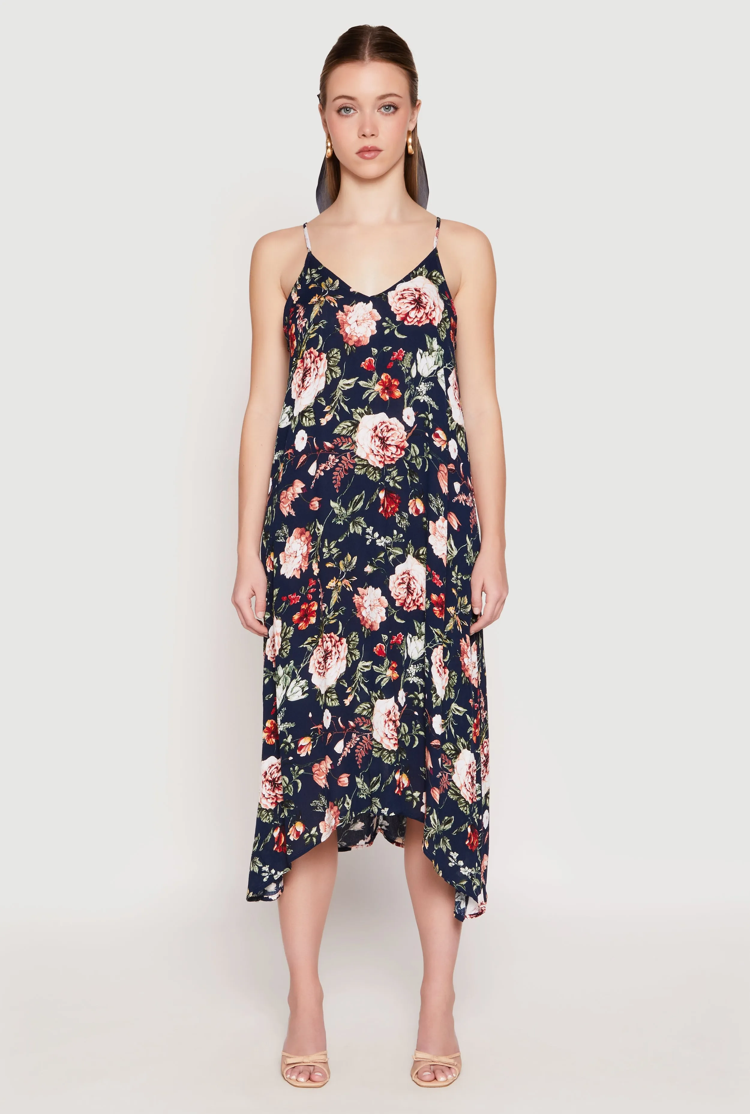 Statement Neck Floral Sharkbite Hem V Neck Dress