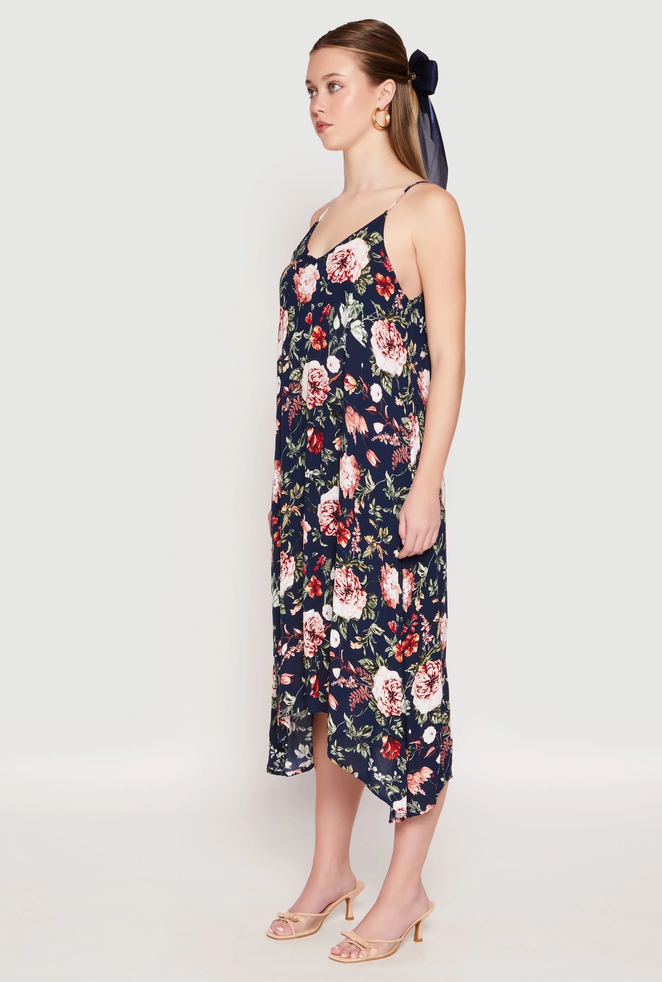 Open Back Chilly Wear Floral Sharkbite Hem V Neck Dress