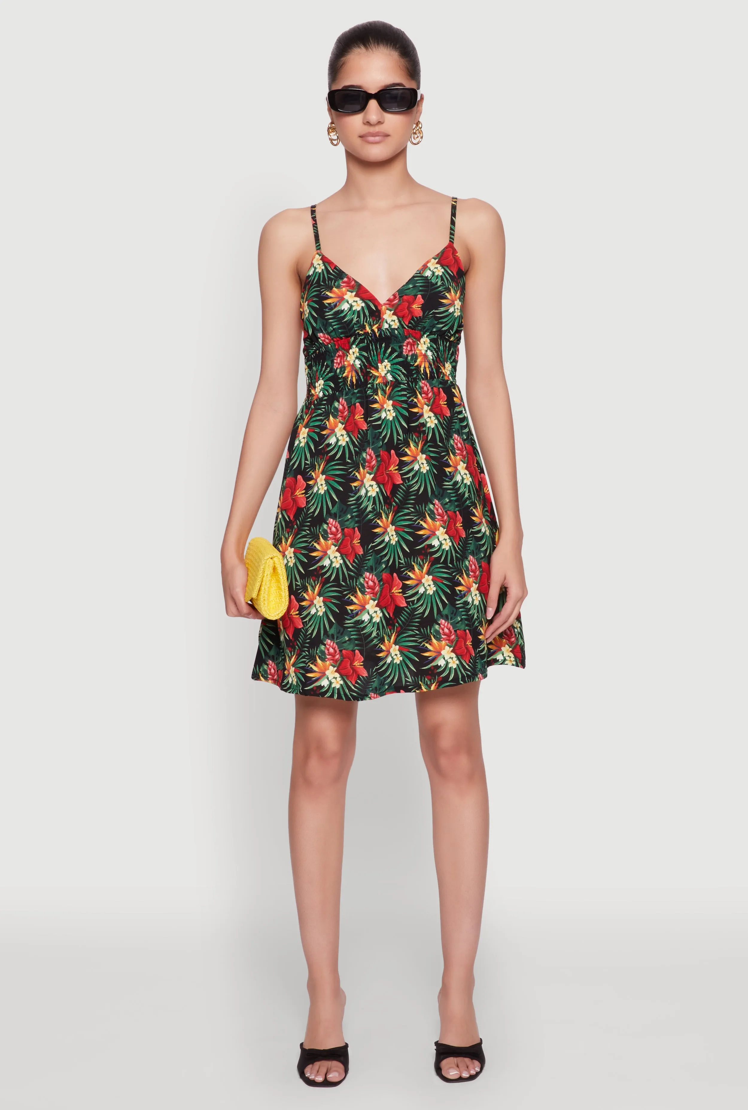 Floral Tropical Print Sleeveless Sundress with V Neck Lace Soft Waist-Cinching