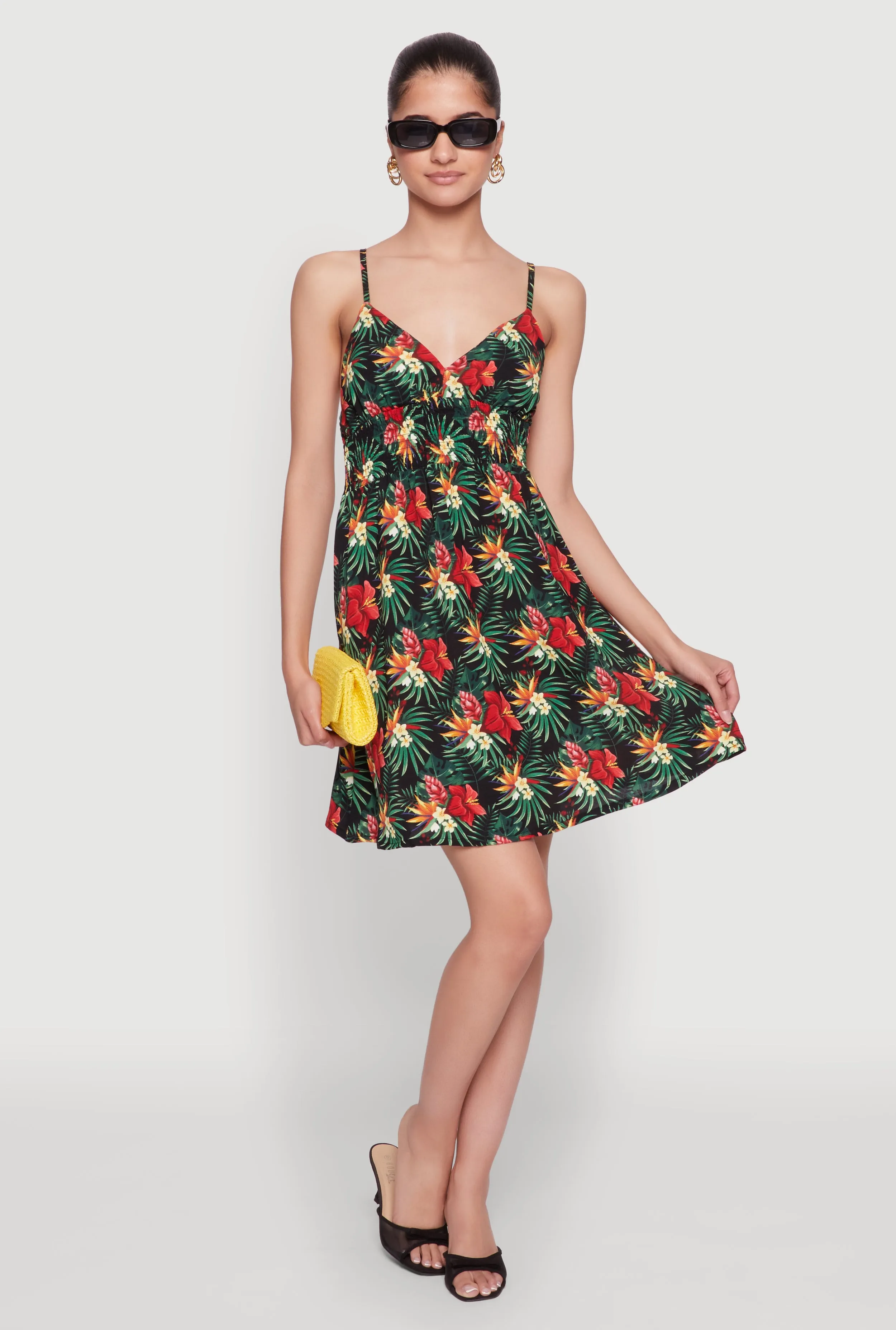 Floral Tropical Print Sleeveless Sundress with V Neck Clean Base