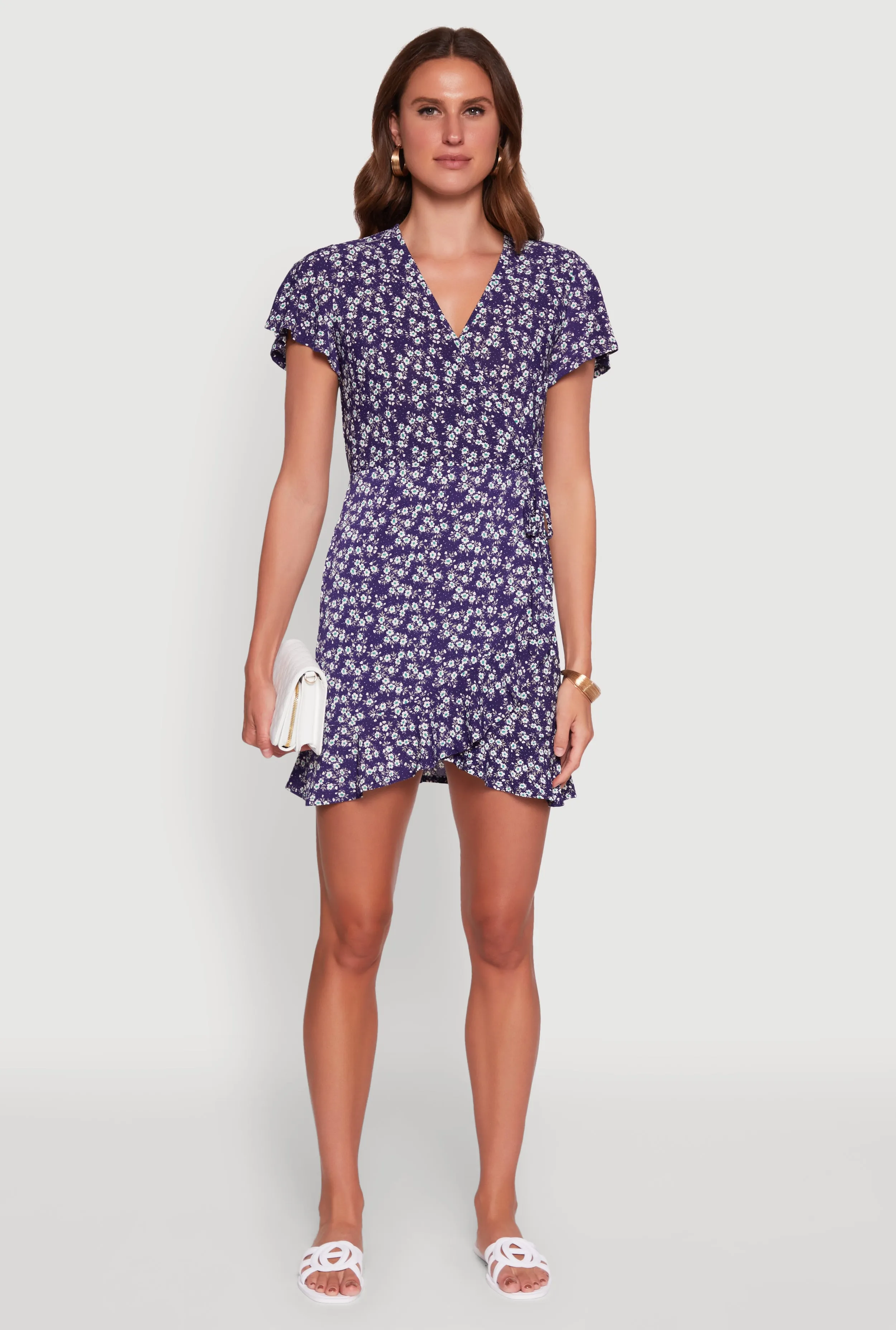 Floral Wrap Dress with Ruffles and V-Neck Polished Details Contemporary Layer