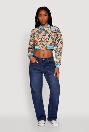 Floral Jacquard Varsity Stripe Cropped Bomber Jacket Everyday Comfort Fit AbrasionResistantSurface