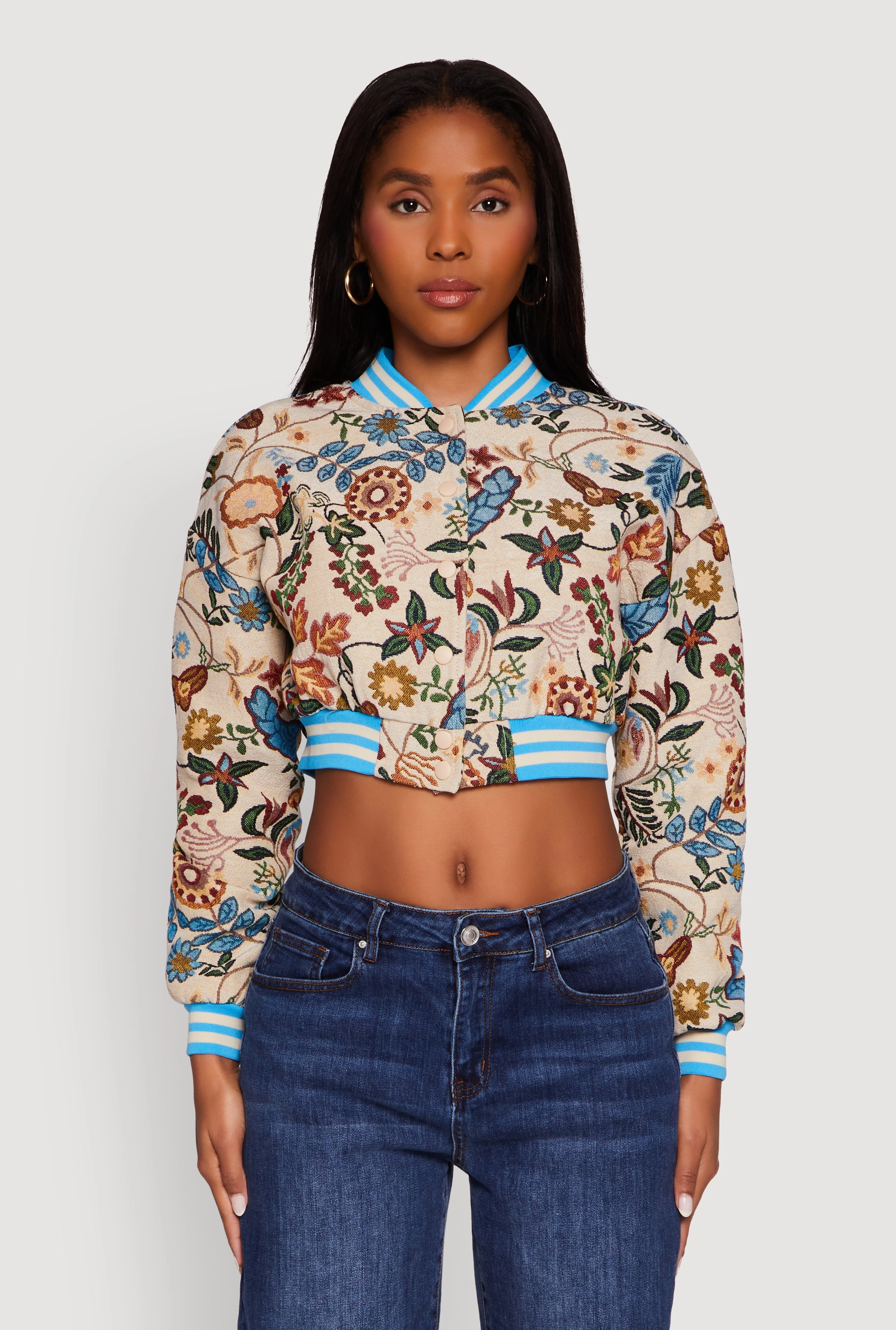 Floral Jacquard Varsity Stripe Cropped Bomber Jacket Travel Street Style
