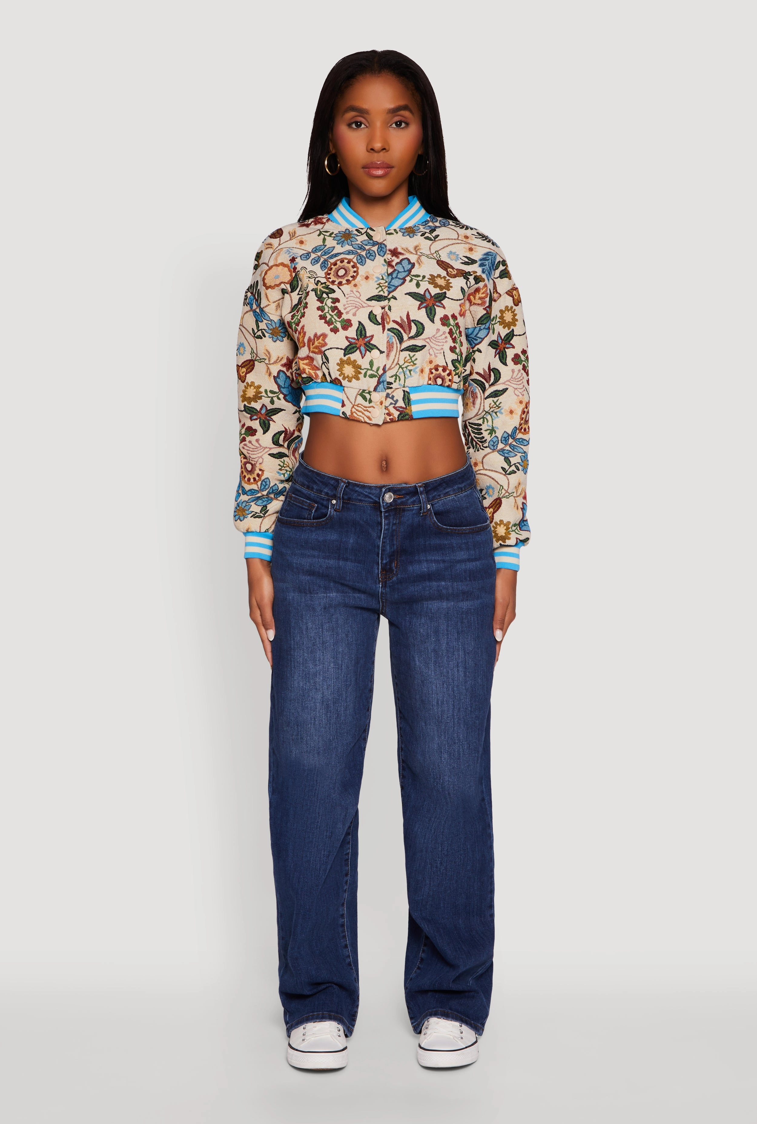 Floral Jacquard Varsity Stripe Cropped Bomber Jacket Weatherproof Seams HypoallergenicMaterial