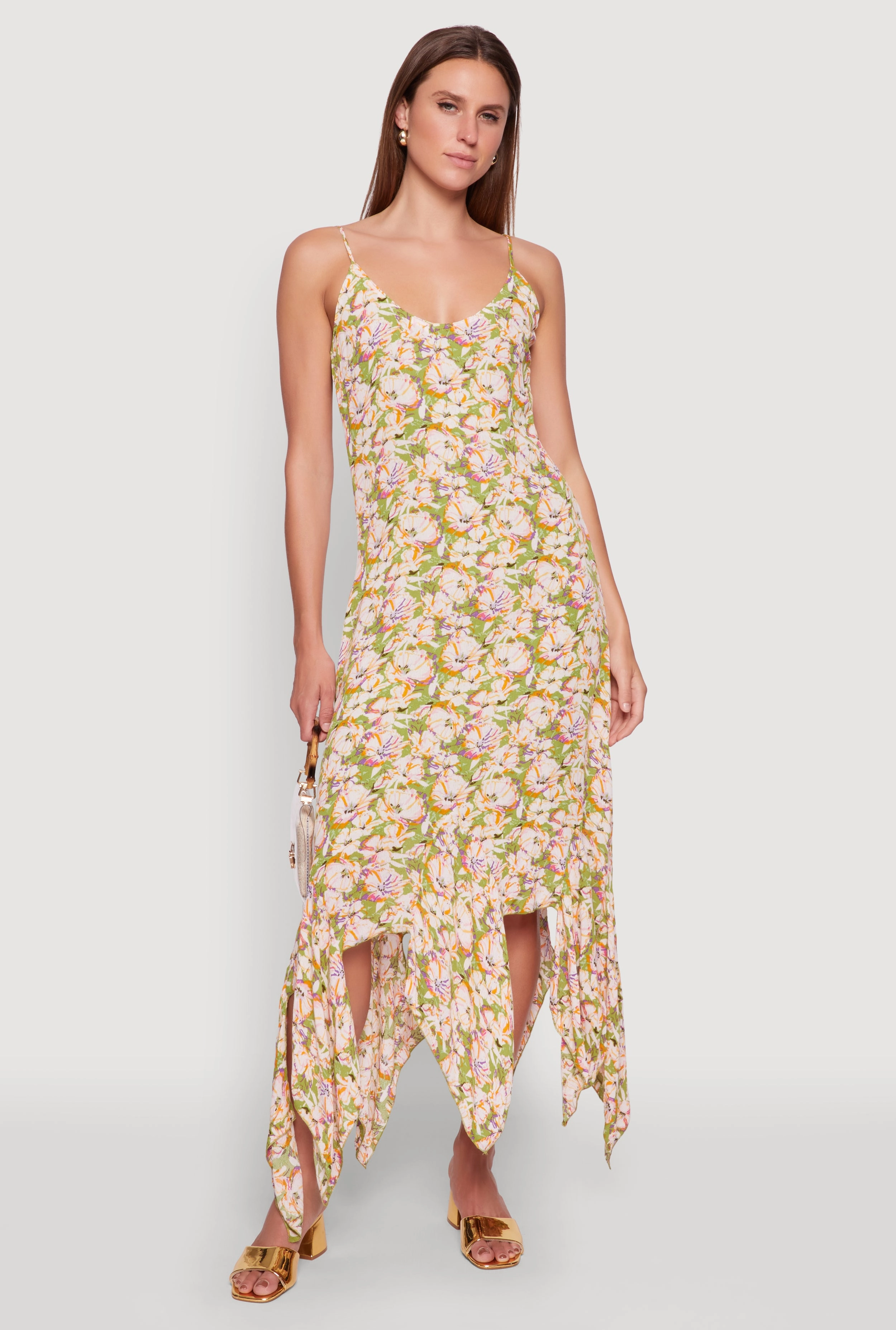 Fashion Forward Earth-Tone Floral Print Sleeveless Long Slip Dress with Open Tie Back