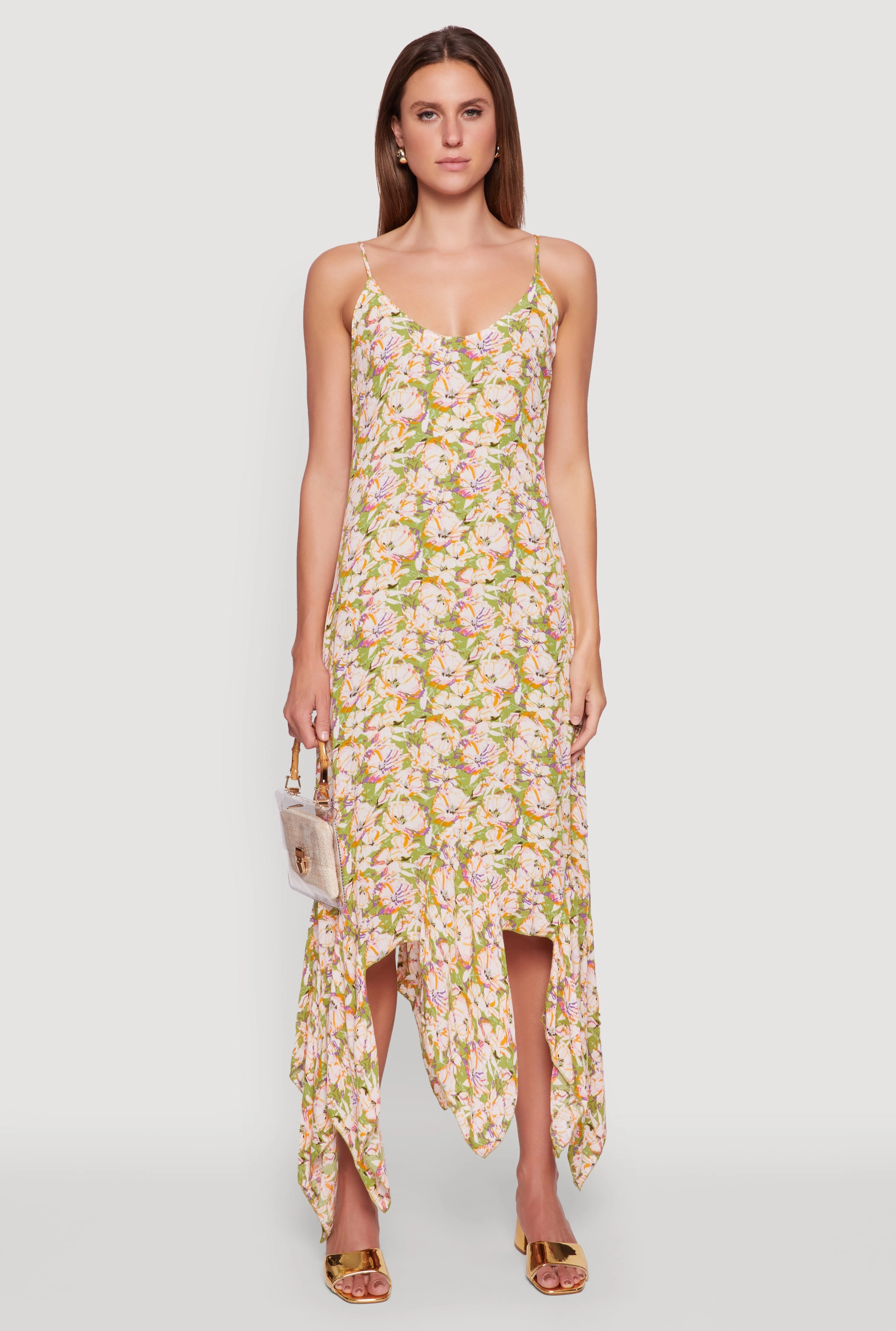 Floral Print Sleeveless Long Slip Dress with Open Tie Back Soft Tones garden wedding